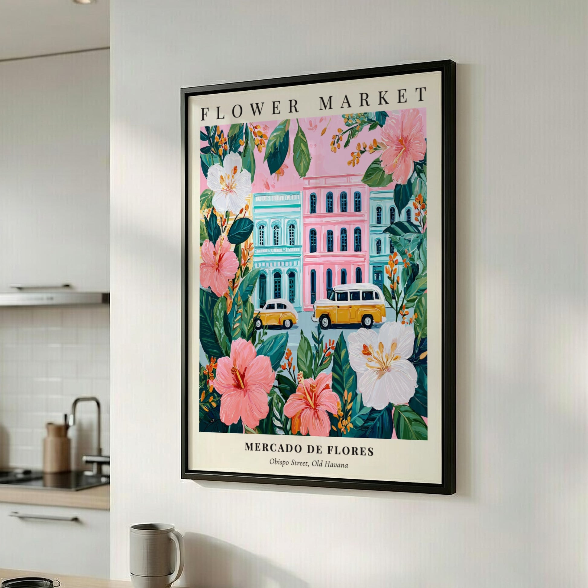 Flower market artwork featuring tropical flowers and vintage cars in vibrant colors