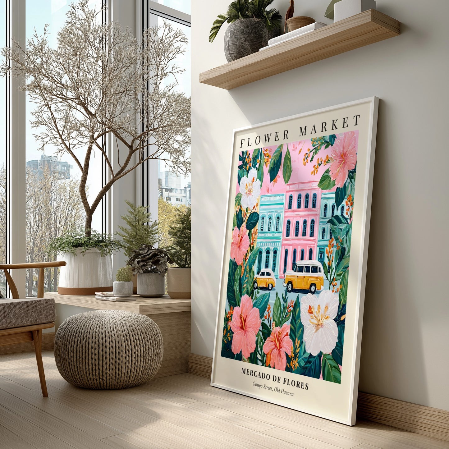 Flower market artwork featuring tropical flowers and vintage cars in vibrant colors