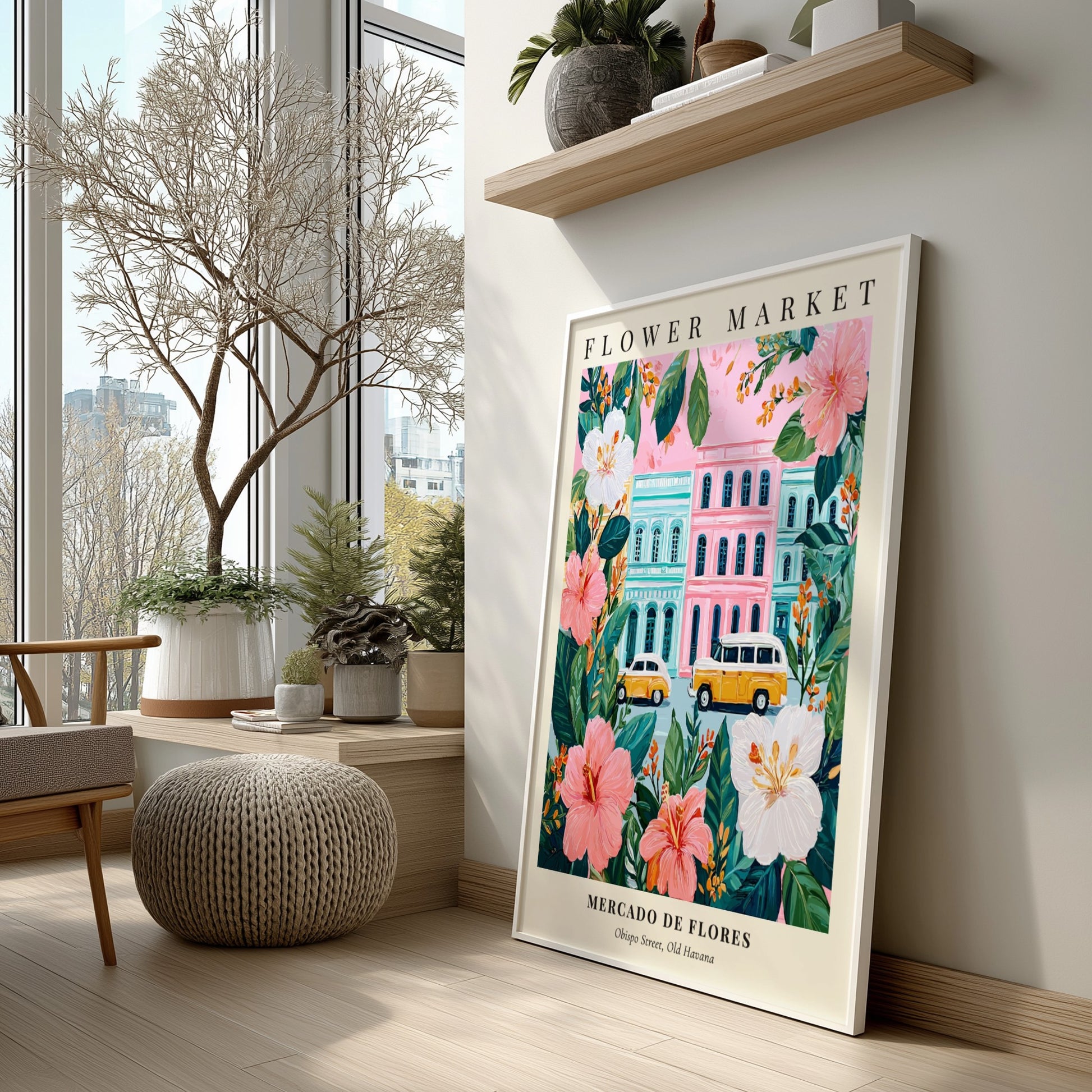 Flower market artwork featuring tropical flowers and vintage cars in vibrant colors