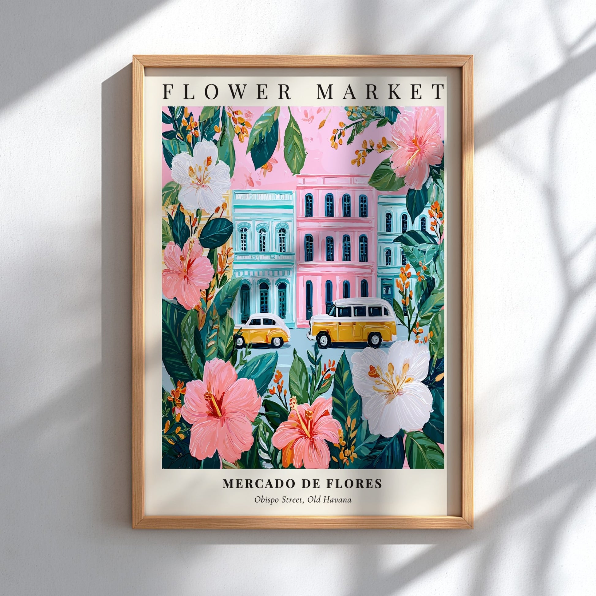 Flower market artwork featuring tropical flowers and vintage cars in vibrant colors