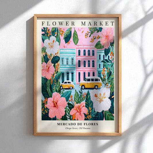 Flower market artwork featuring tropical flowers and vintage cars in vibrant colors
