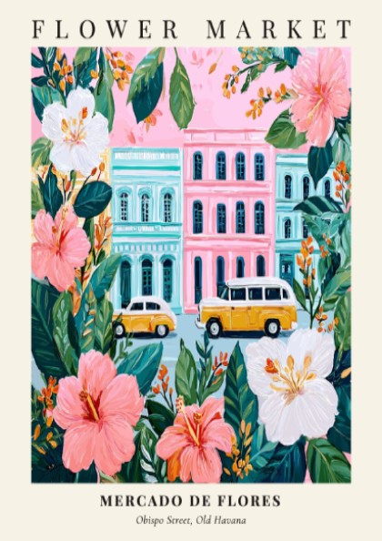 Flower market artwork featuring tropical flowers and vintage cars in vibrant colors