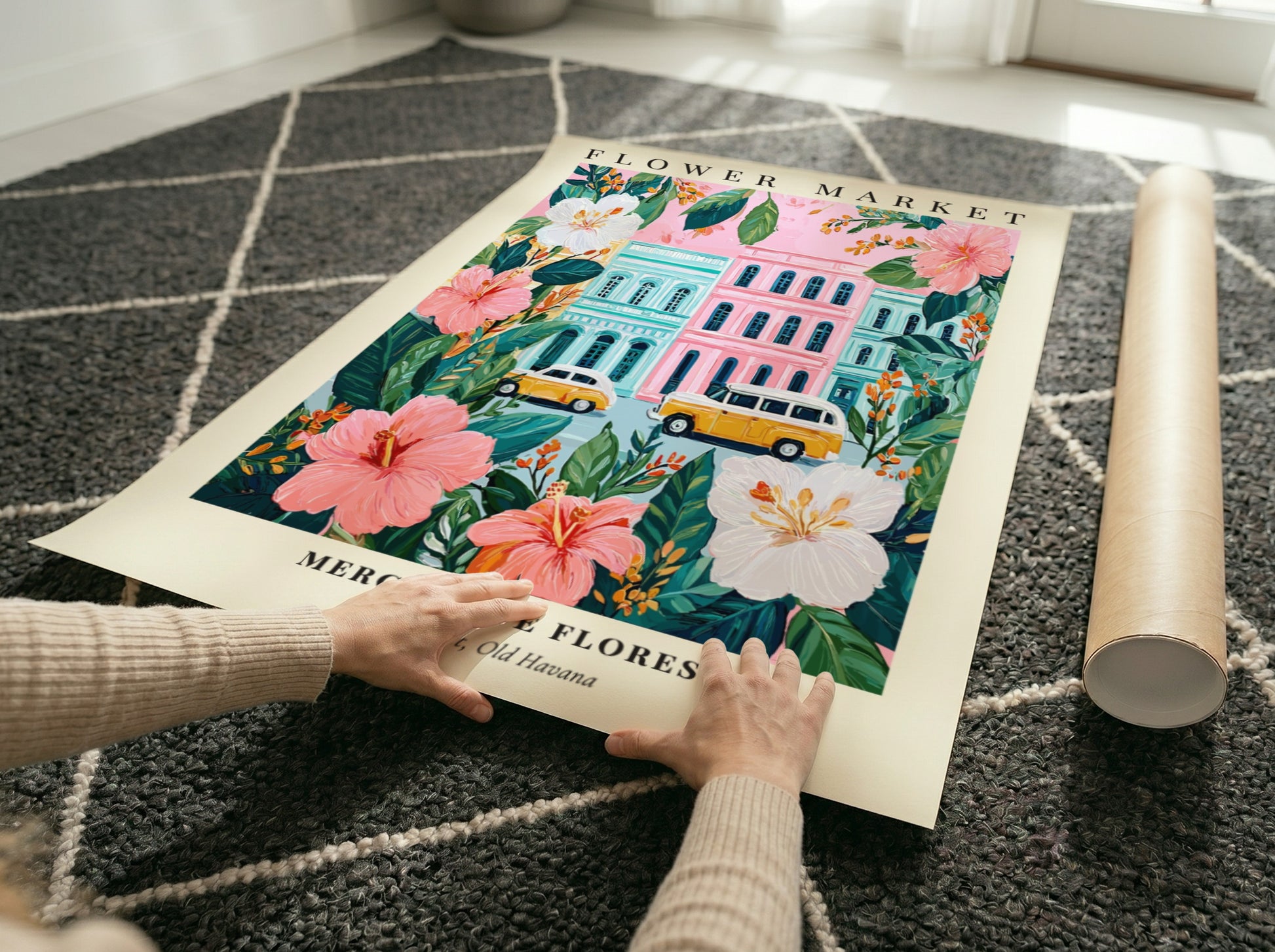 Flower market artwork featuring tropical flowers and vintage cars in vibrant colors
