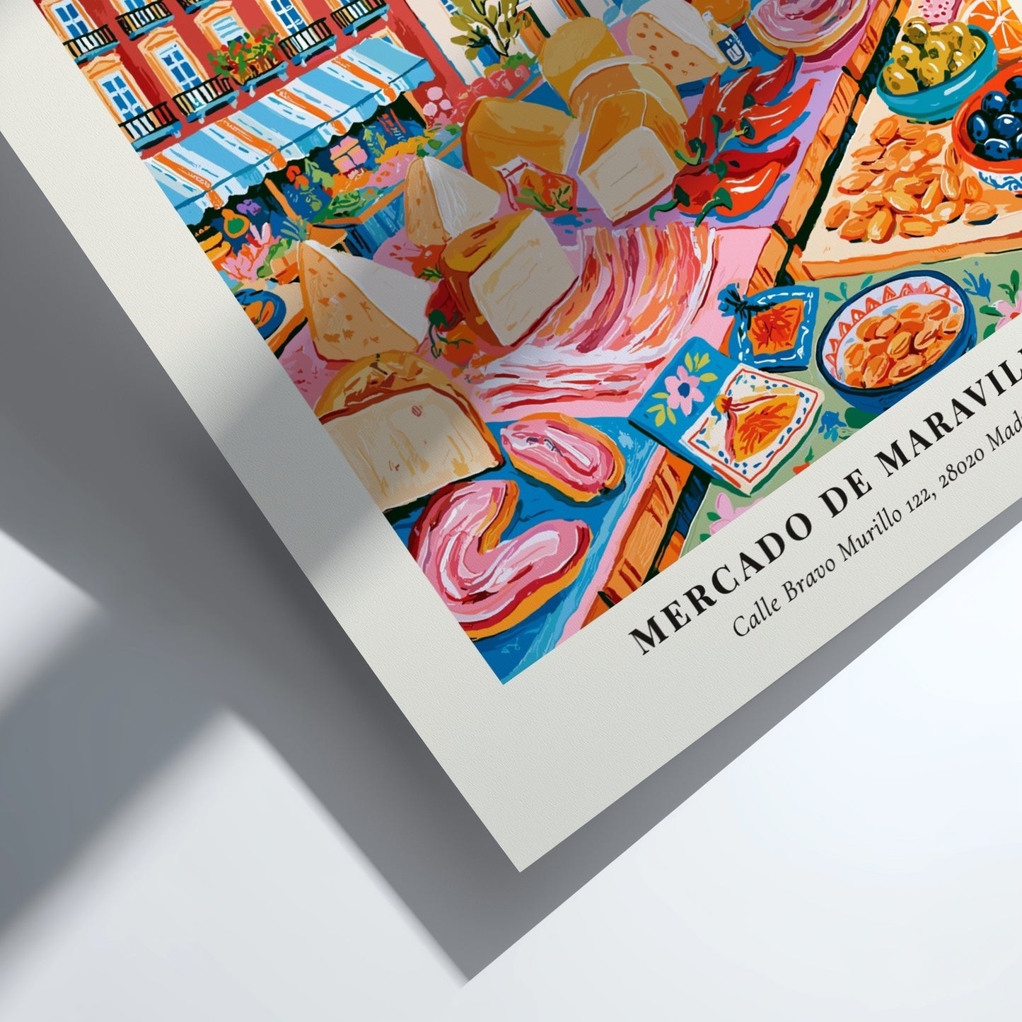 Mercado de Maravillas poster featuring a colorful farmers market scene in Madrid with fresh produce and