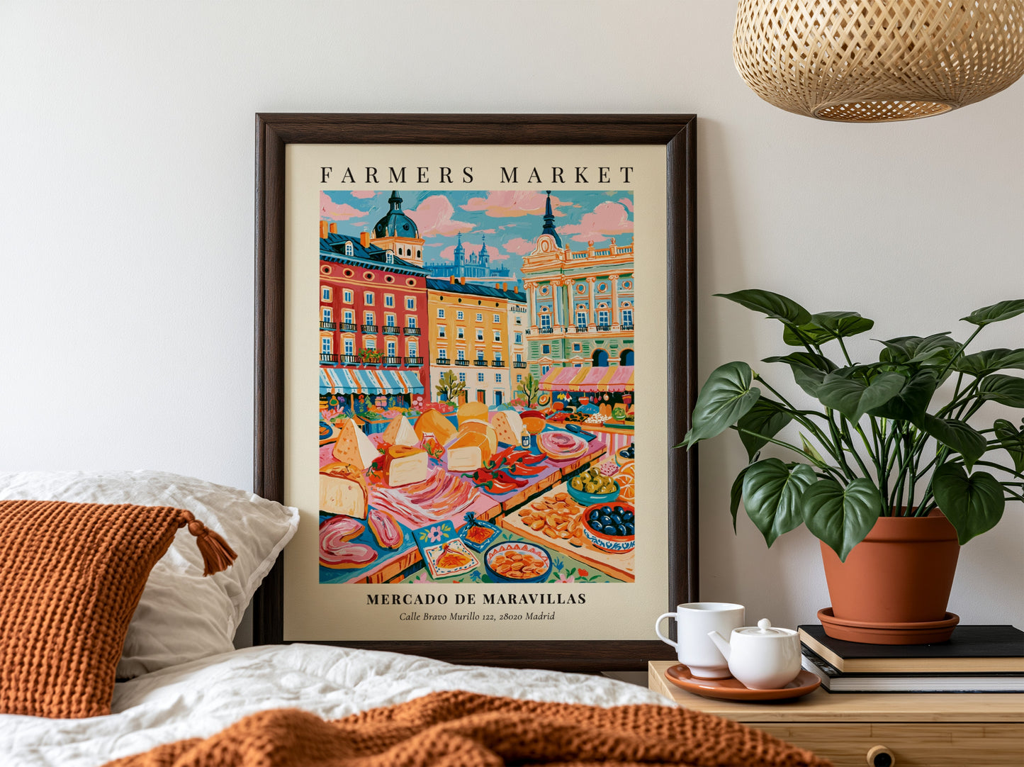 Mercado de Maravillas poster featuring a colorful farmers market scene in Madrid with fresh produce and