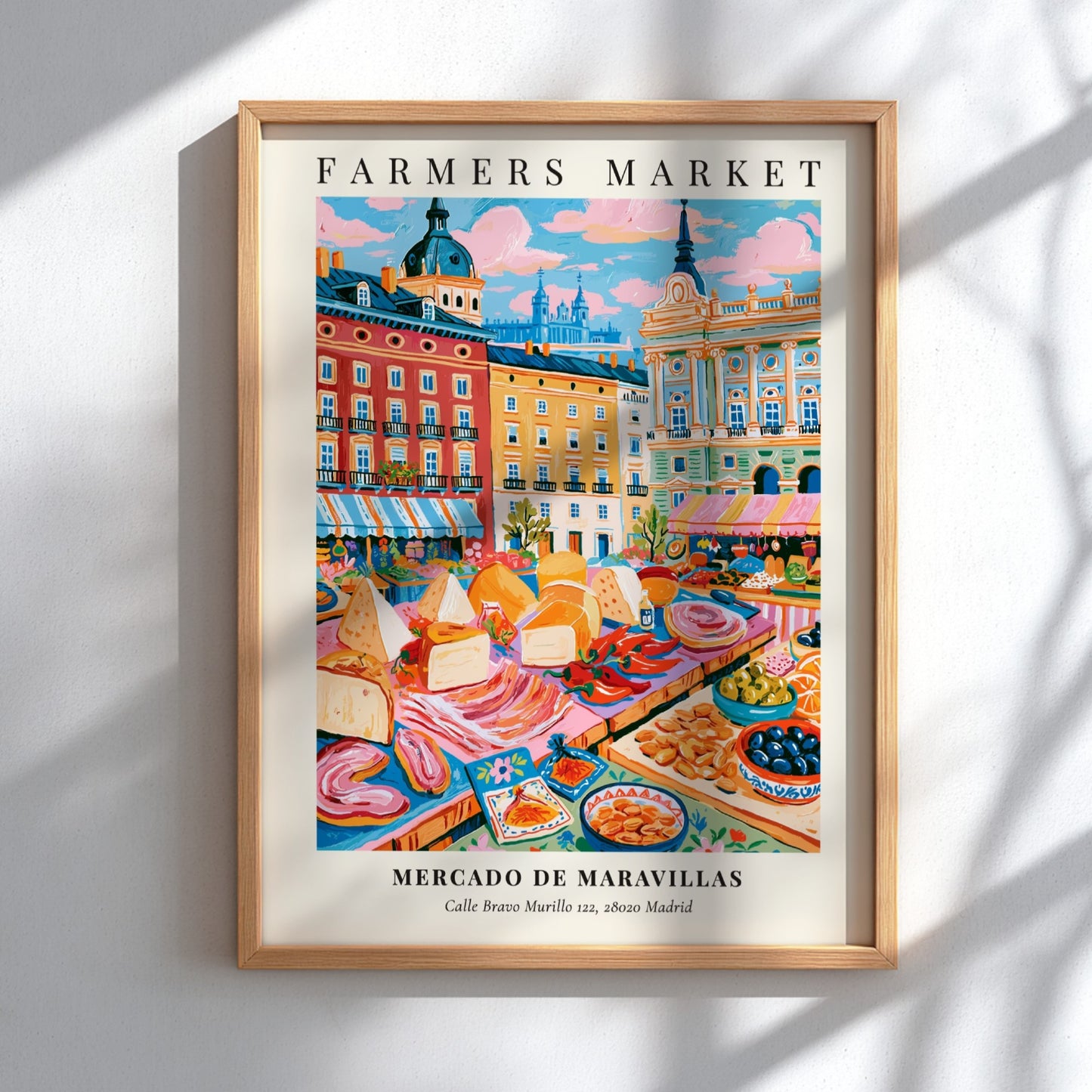 Mercado de Maravillas poster featuring a colorful farmers market scene in Madrid with fresh produce and
