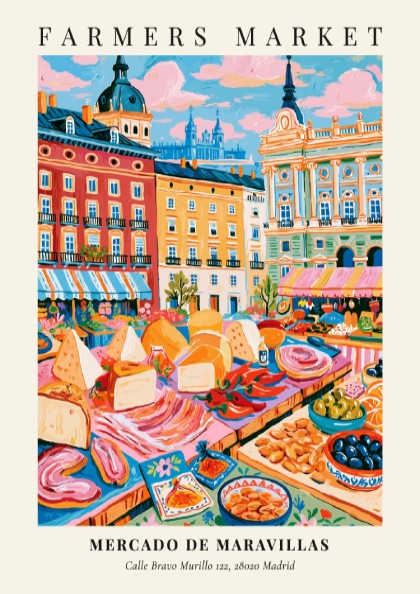Mercado de Maravillas poster featuring a colorful farmers market scene in Madrid with fresh produce and