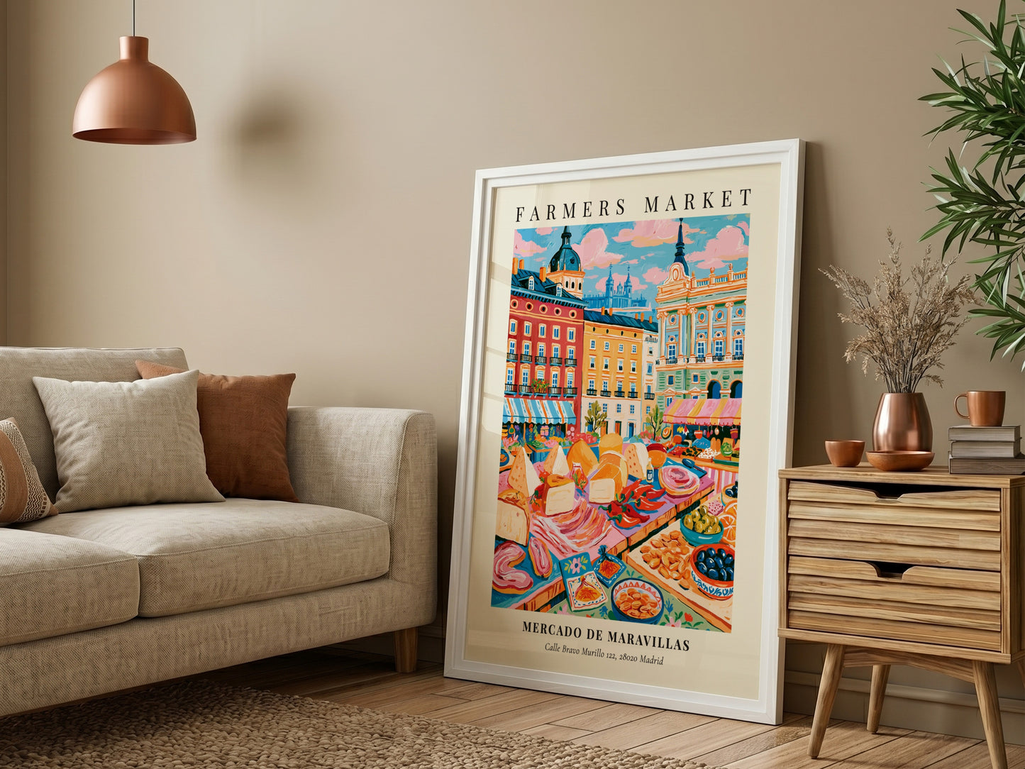 Mercado de Maravillas poster featuring a colorful farmers market scene in Madrid with fresh produce and