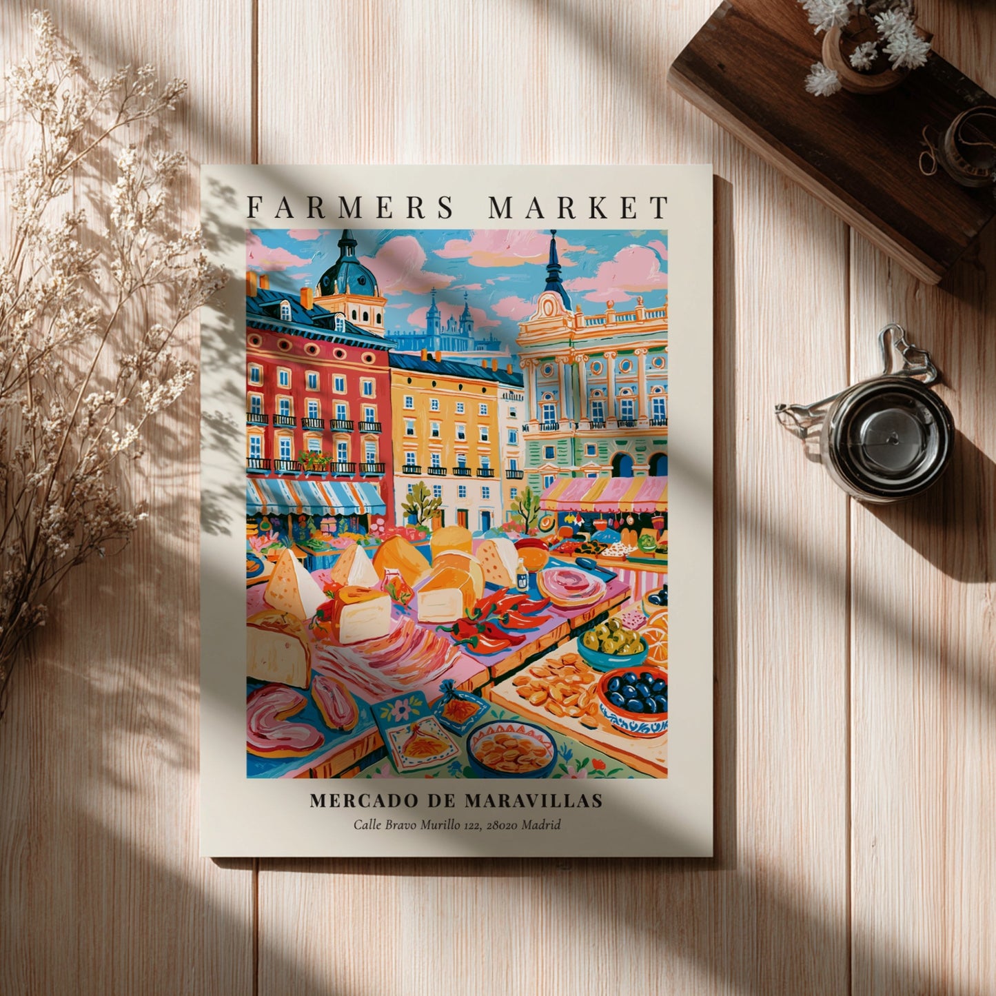 Mercado de Maravillas poster featuring a colorful farmers market scene in Madrid with fresh produce and