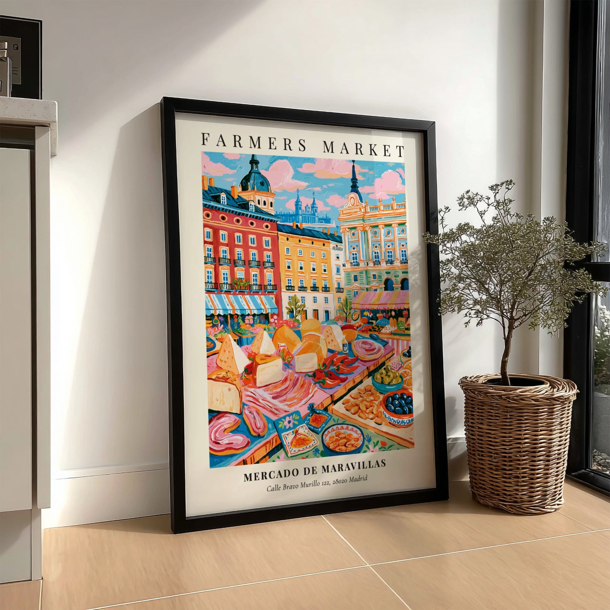 Mercado de Maravillas poster featuring a colorful farmers market scene in Madrid with fresh produce and