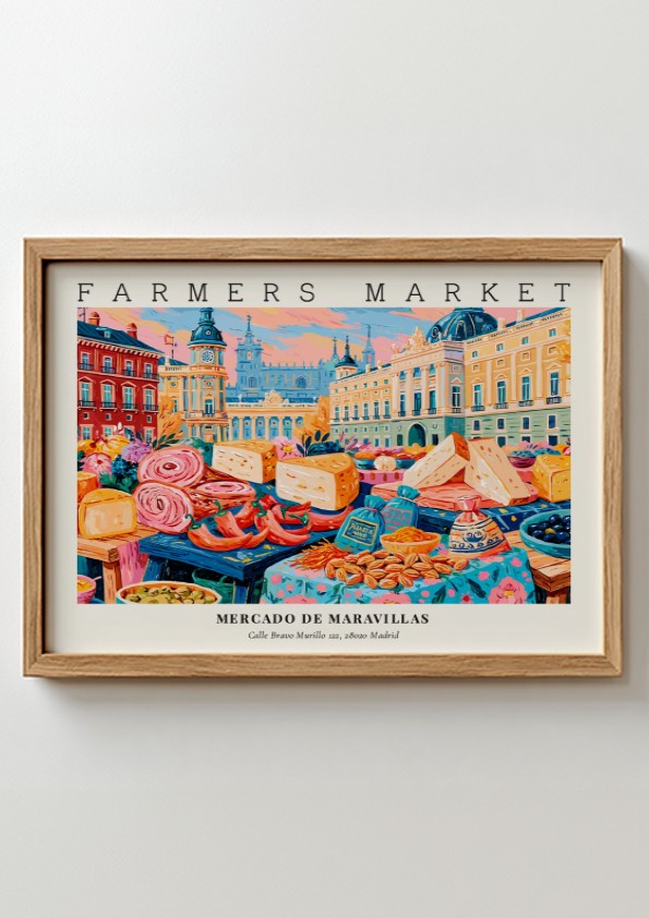 Farmers market poster featuring colorful market scene with cheeses and produce