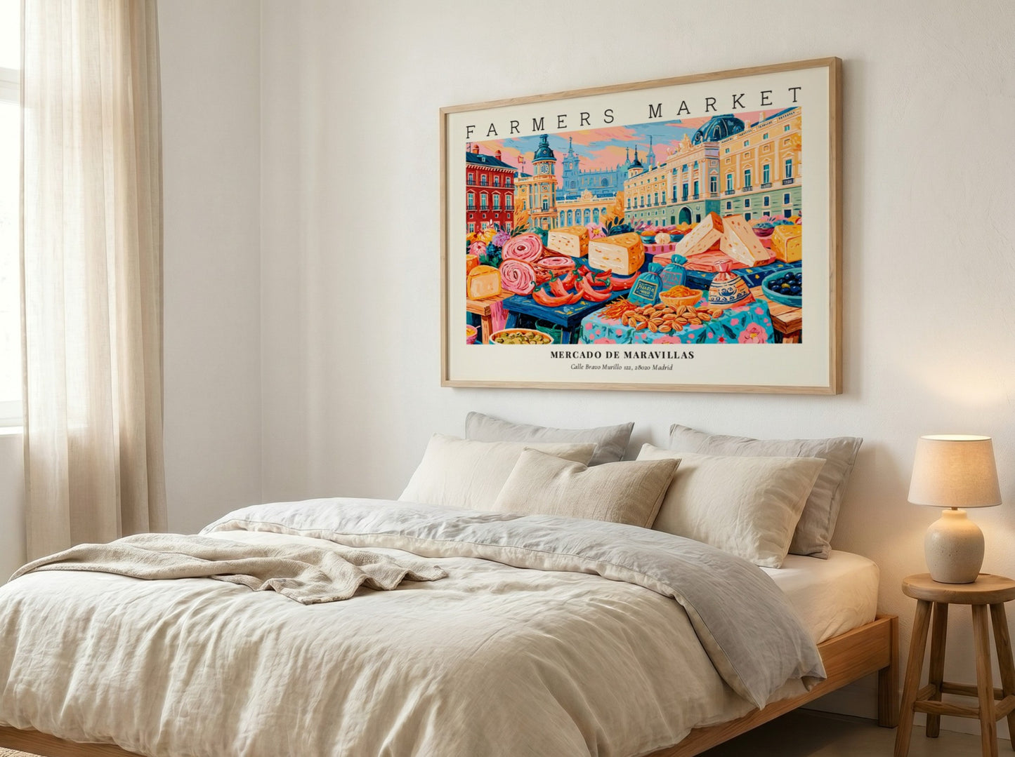 Farmers market poster featuring colorful market scene with cheeses and produce