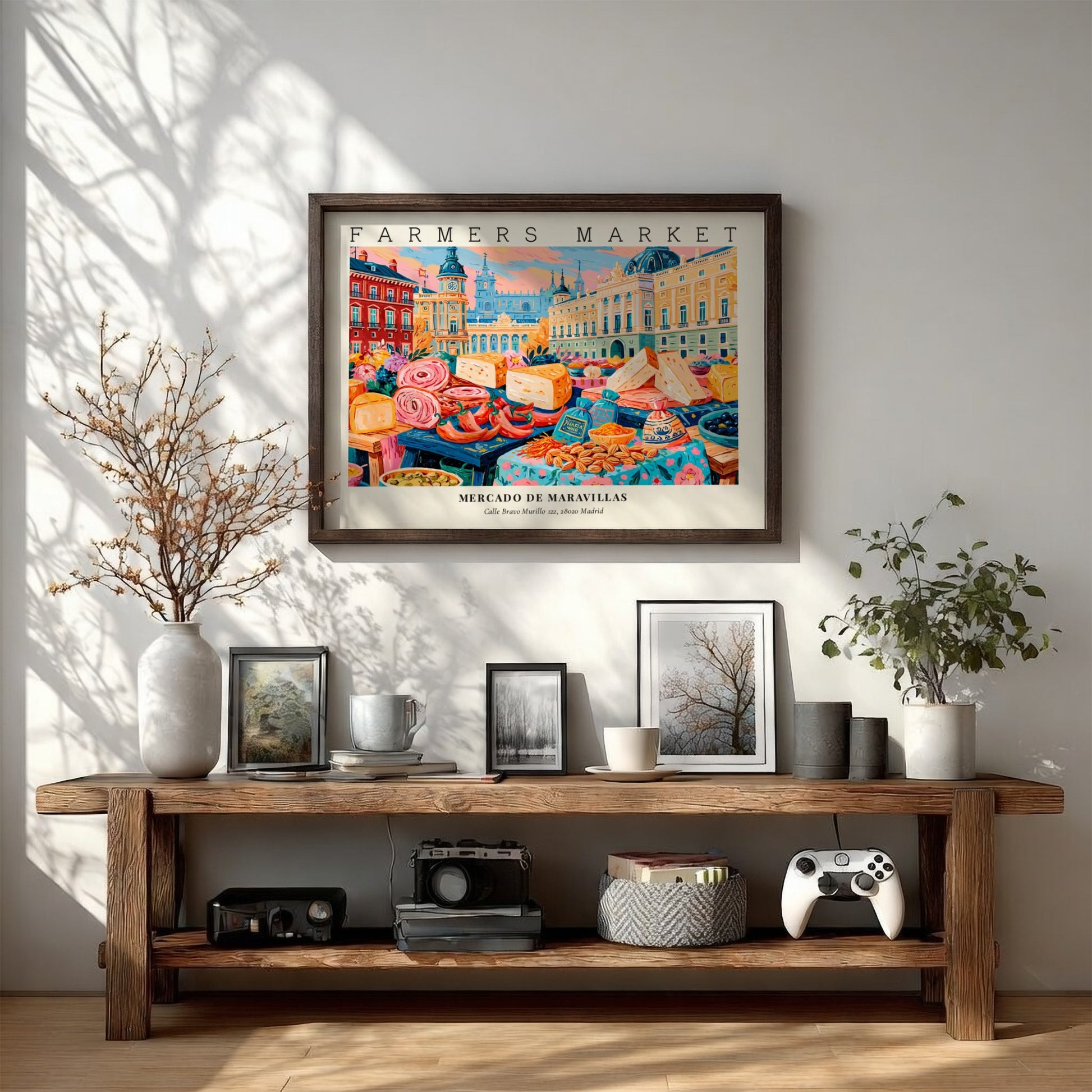 Farmers market poster featuring colorful market scene with cheeses and produce
