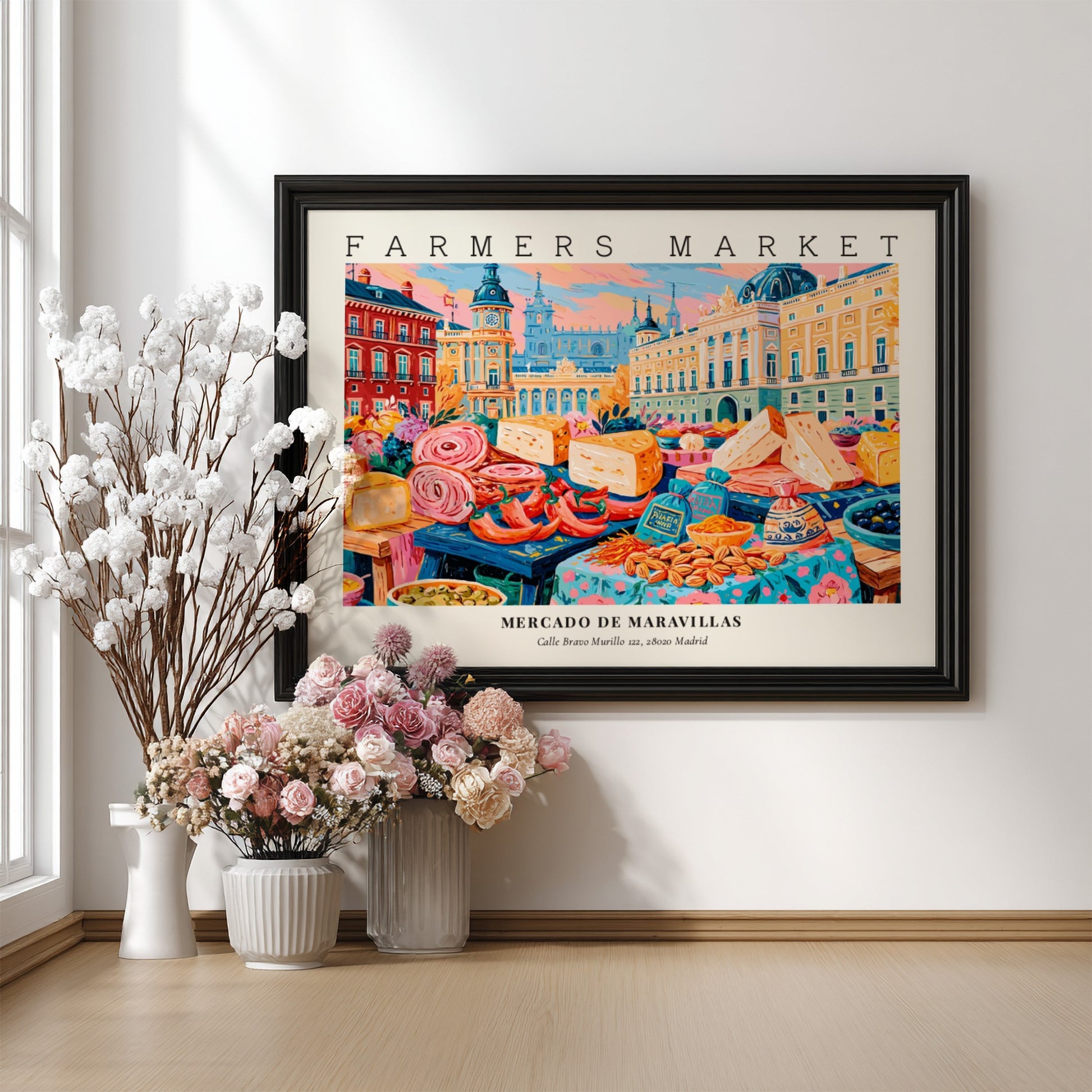 Farmers market poster featuring colorful market scene with cheeses and produce
