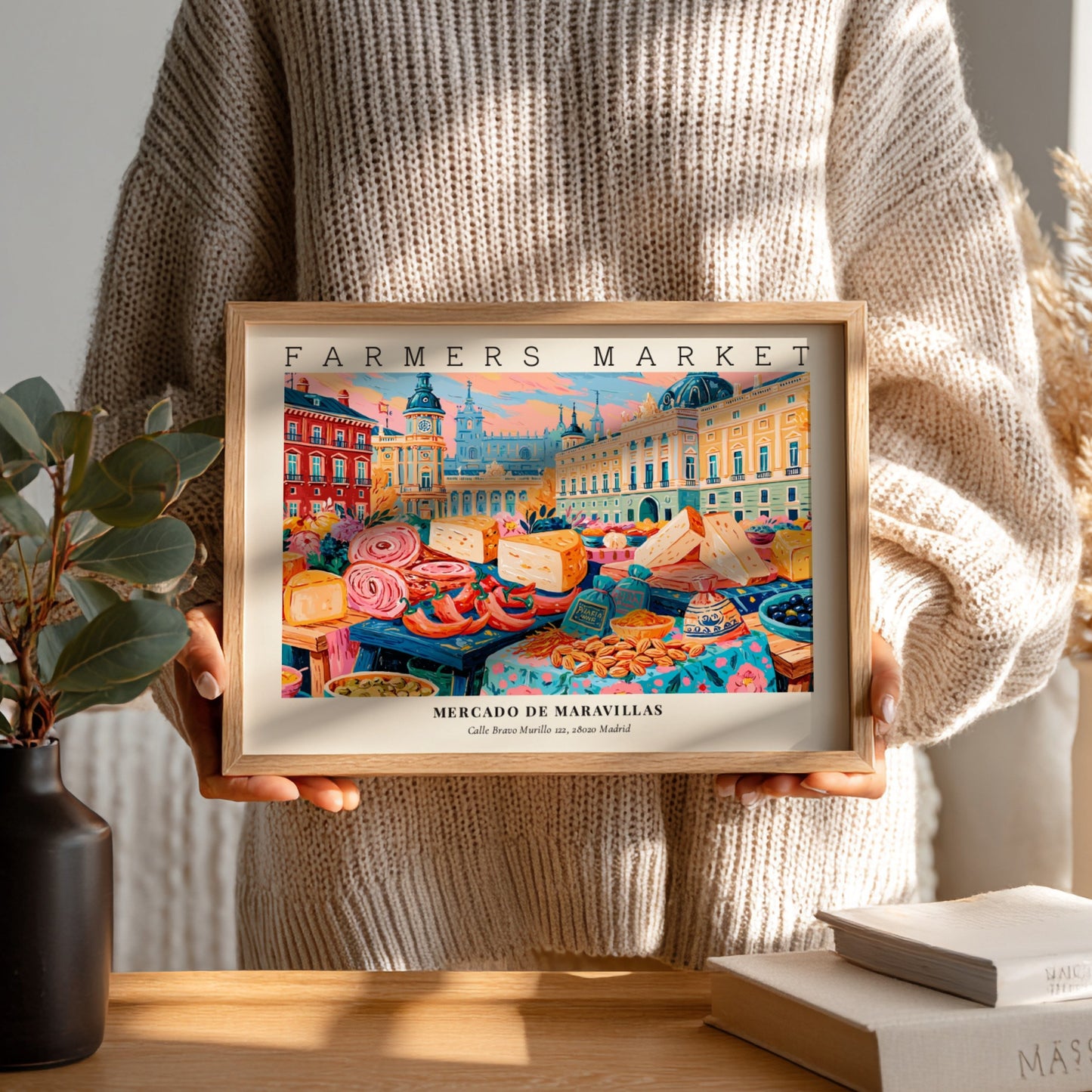 Farmers market poster featuring colorful market scene with cheeses and produce