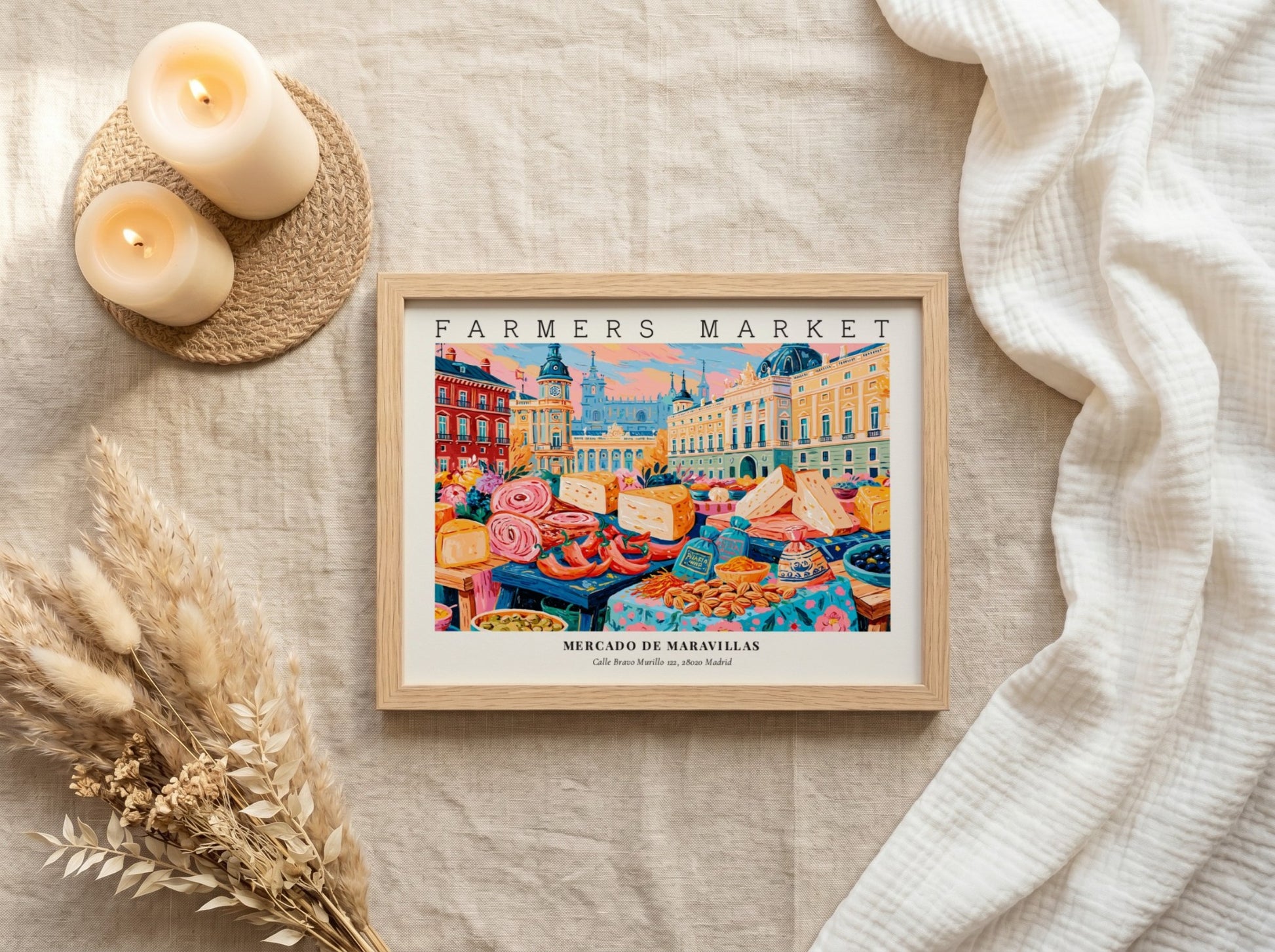 Farmers market poster featuring colorful market scene with cheeses and produce
