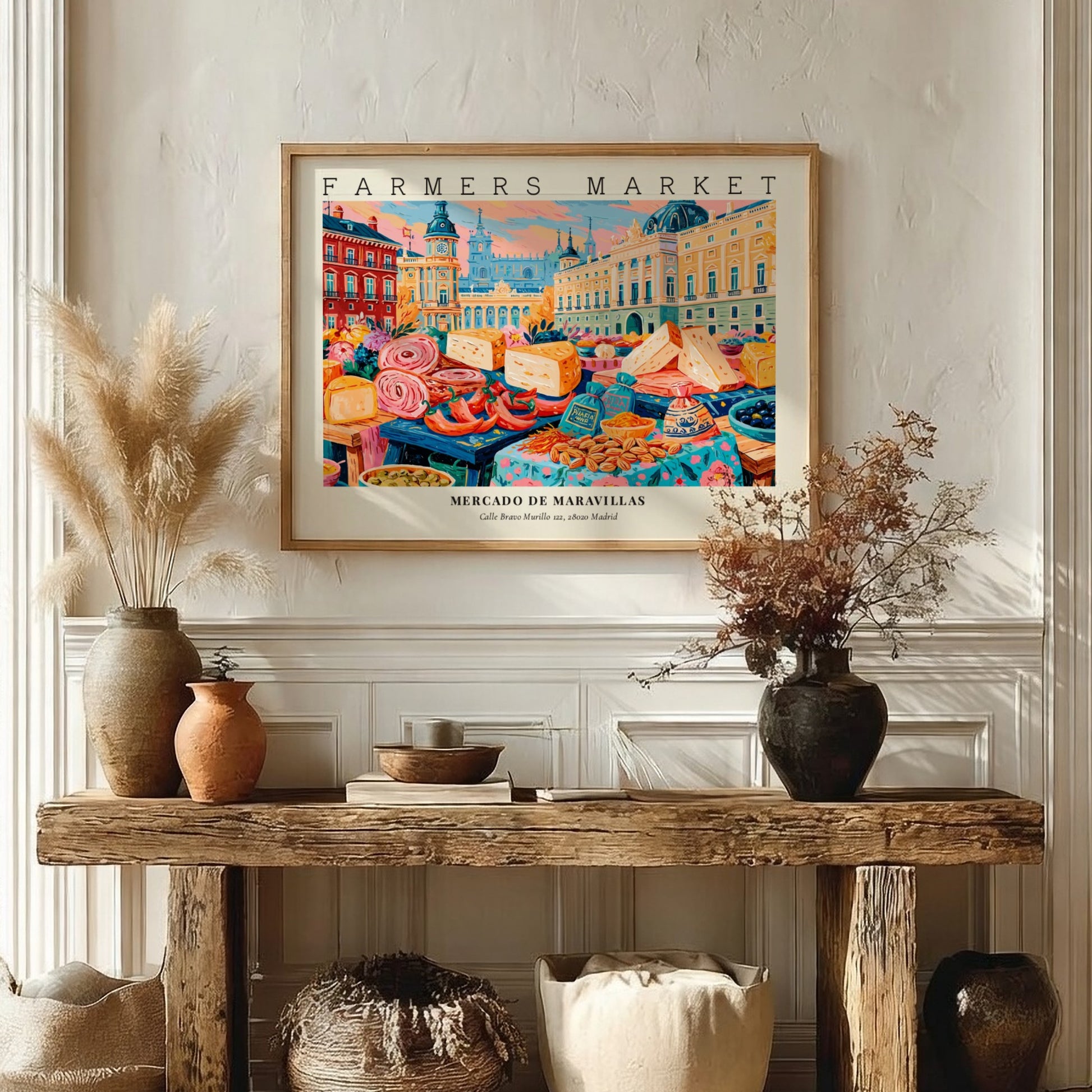 Farmers market poster featuring colorful market scene with cheeses and produce