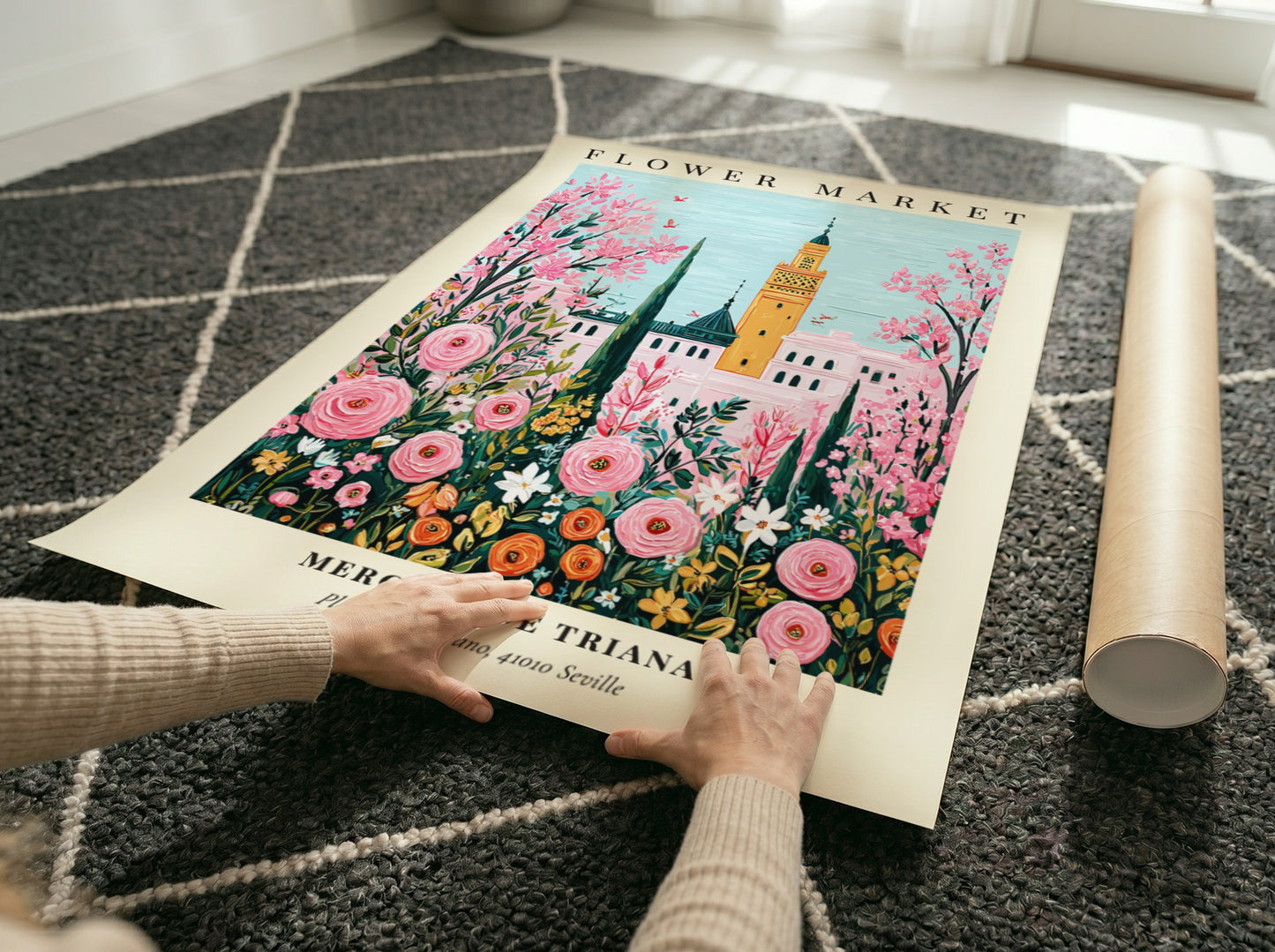 Floral wall decor featuring pink flowers and Mediterranean architecture in vibrant colors