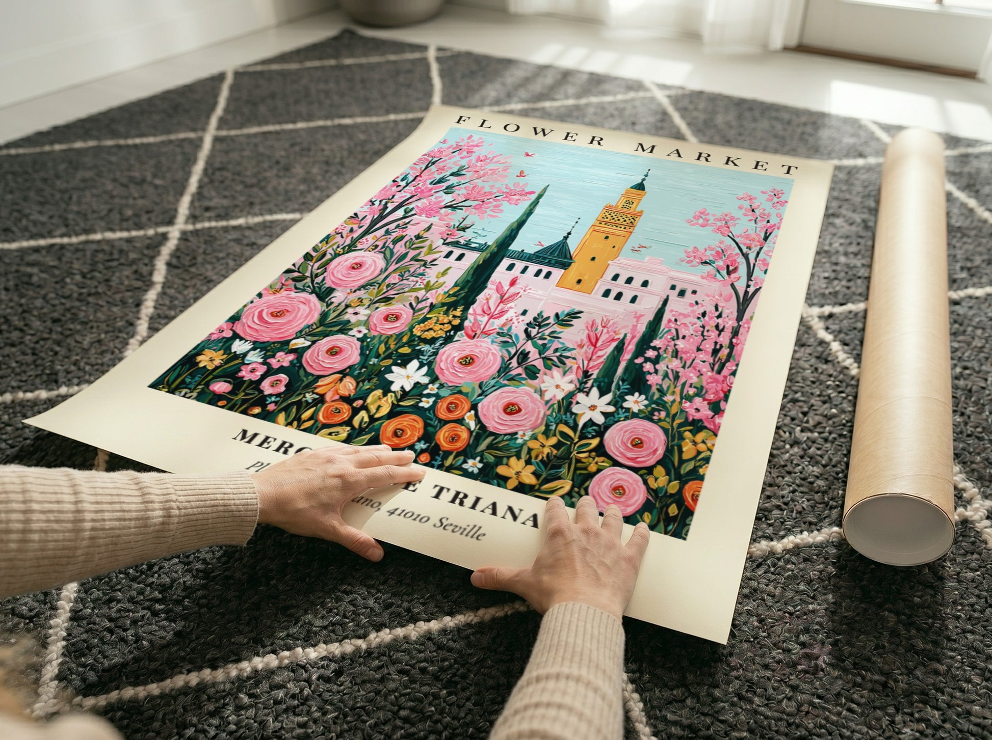 Floral wall decor featuring pink flowers and Mediterranean architecture in vibrant colors