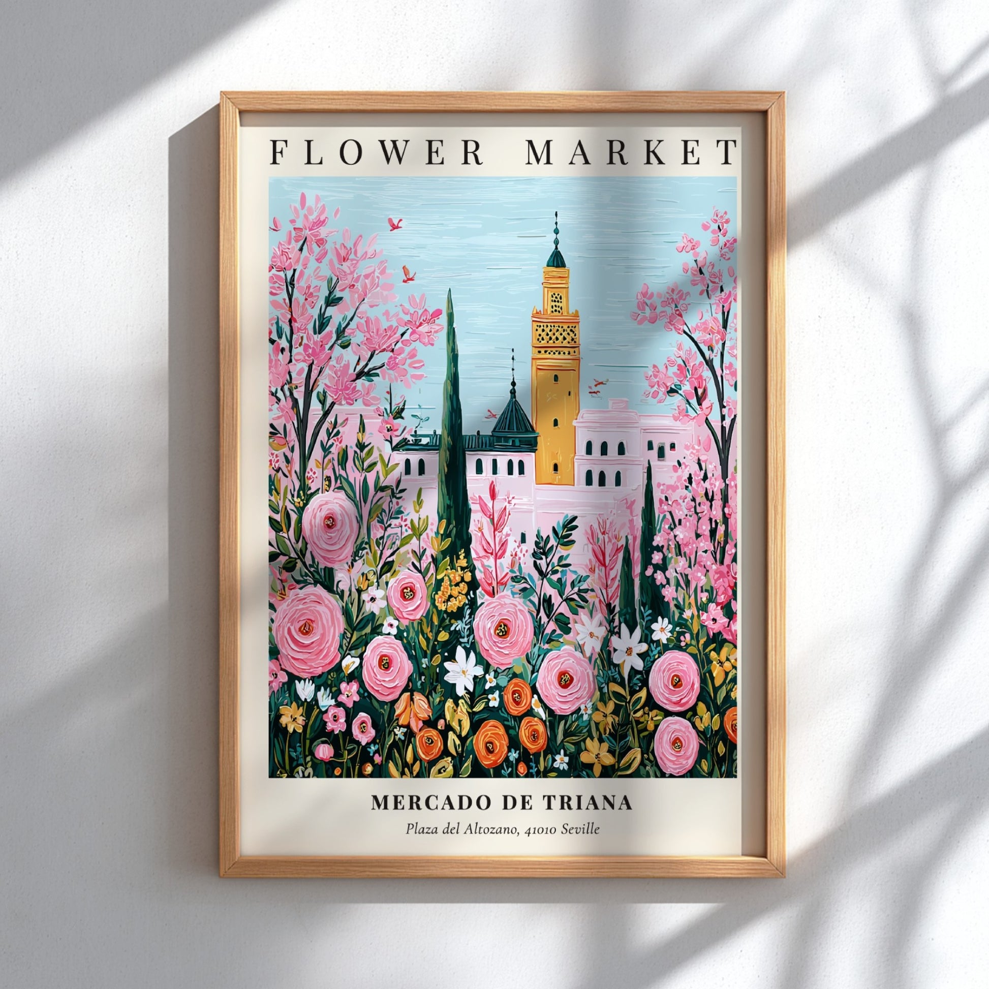 Floral wall decor featuring pink flowers and Mediterranean architecture in vibrant colors