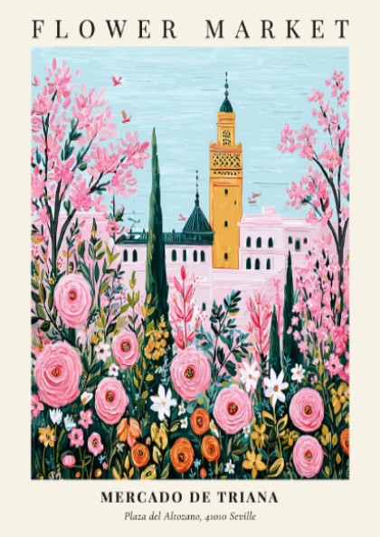 Floral wall decor featuring pink flowers and Mediterranean architecture in vibrant colors