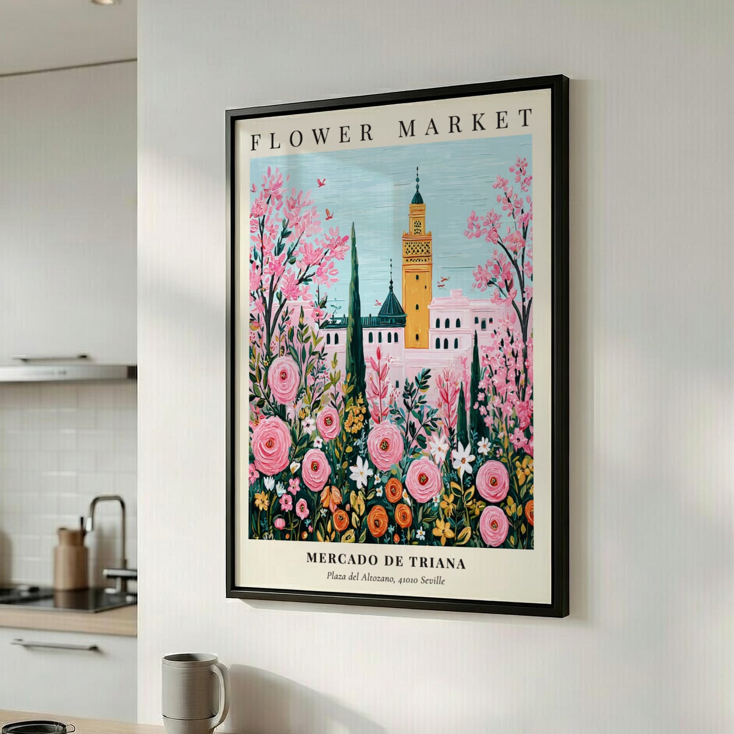 Floral wall decor featuring pink flowers and Mediterranean architecture in vibrant colors