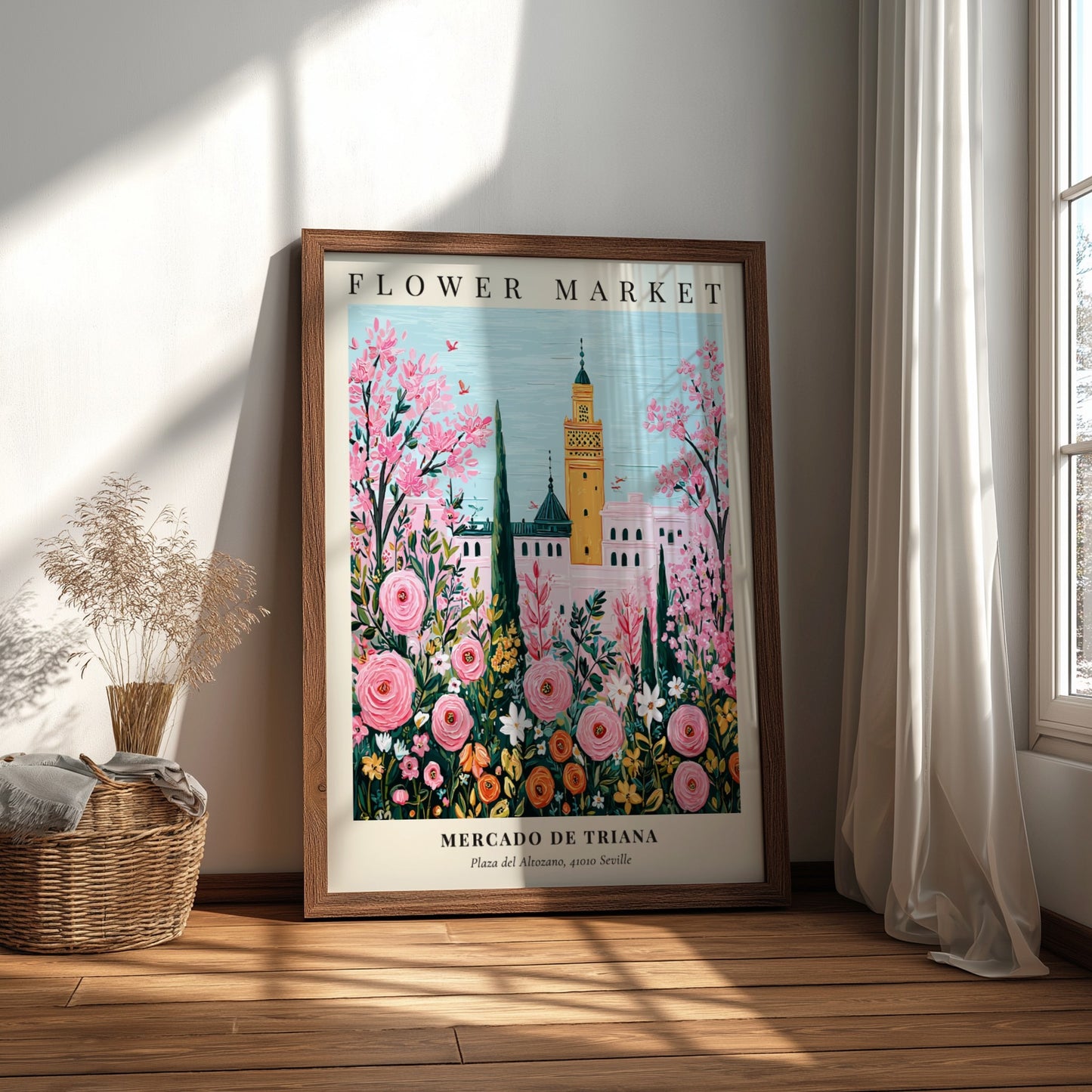 Floral wall decor featuring pink flowers and Mediterranean architecture in vibrant colors
