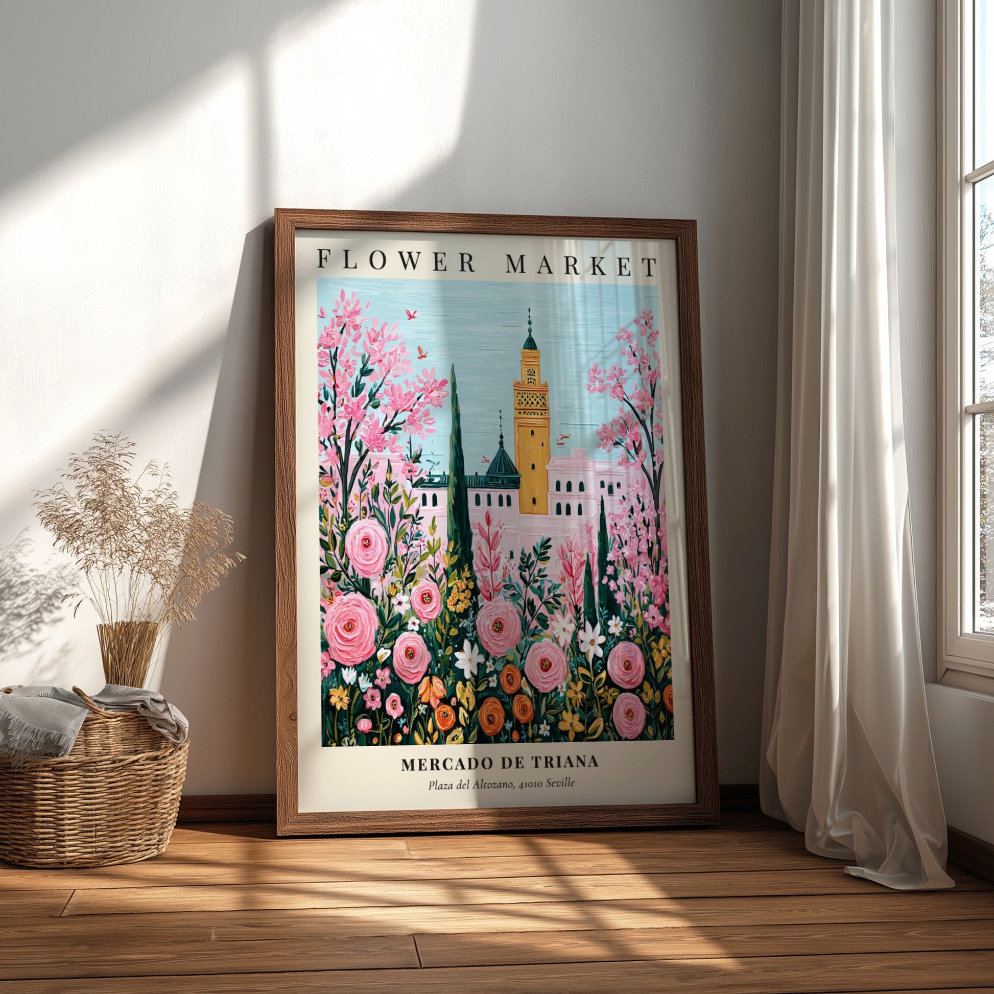 Floral wall decor featuring pink flowers and Mediterranean architecture in vibrant colors