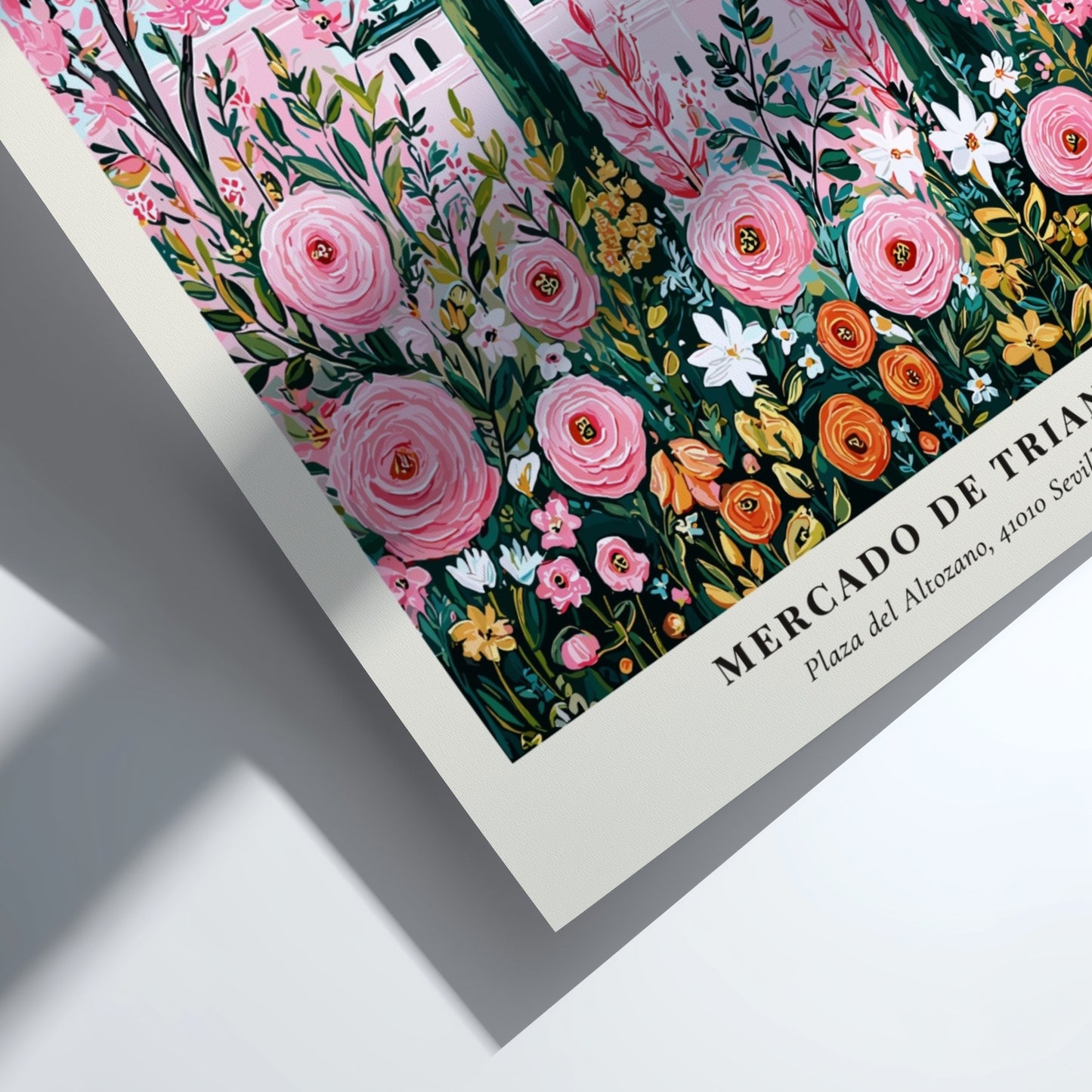 Floral wall decor featuring pink flowers and Mediterranean architecture in vibrant colors