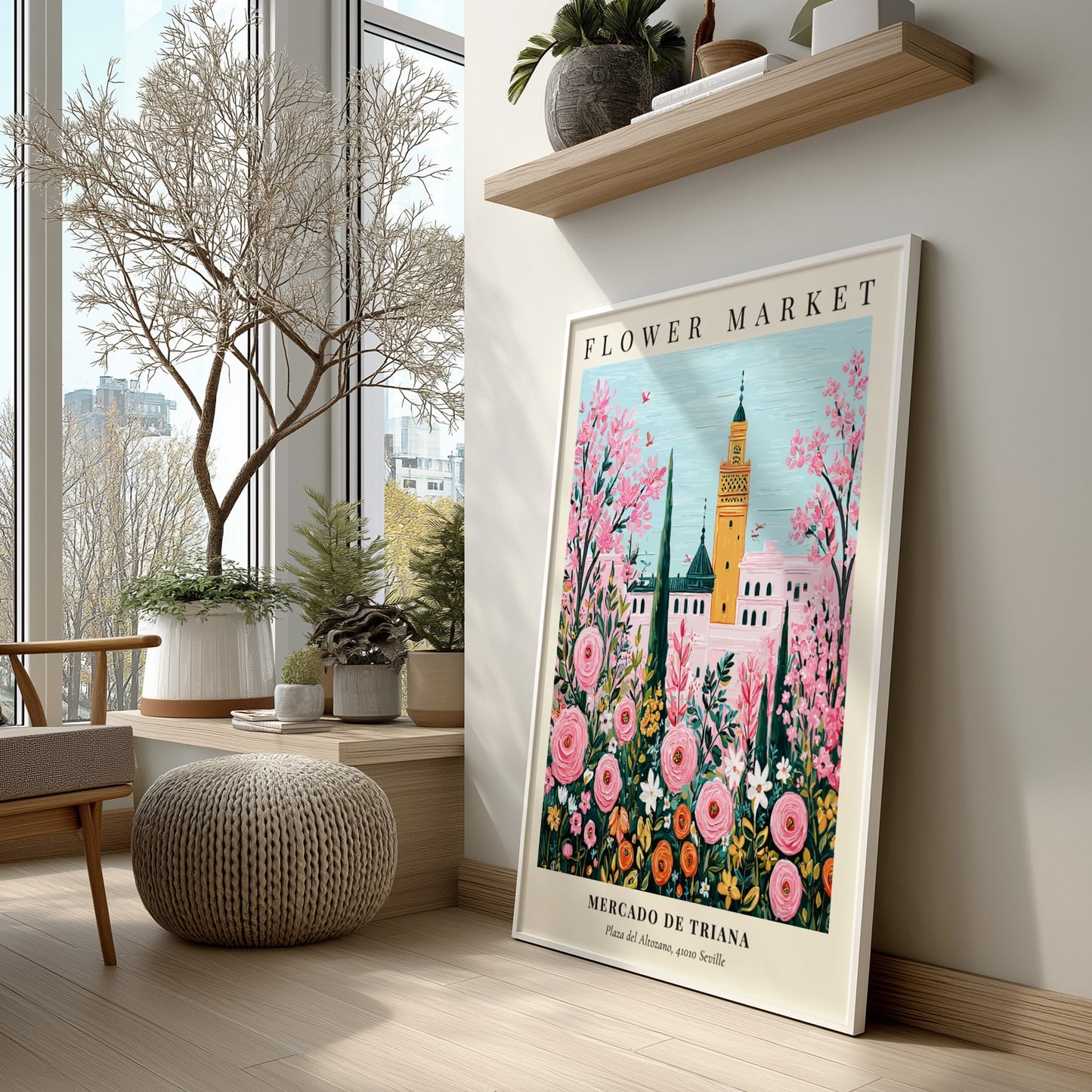 Floral wall decor featuring pink flowers and Mediterranean architecture in vibrant colors