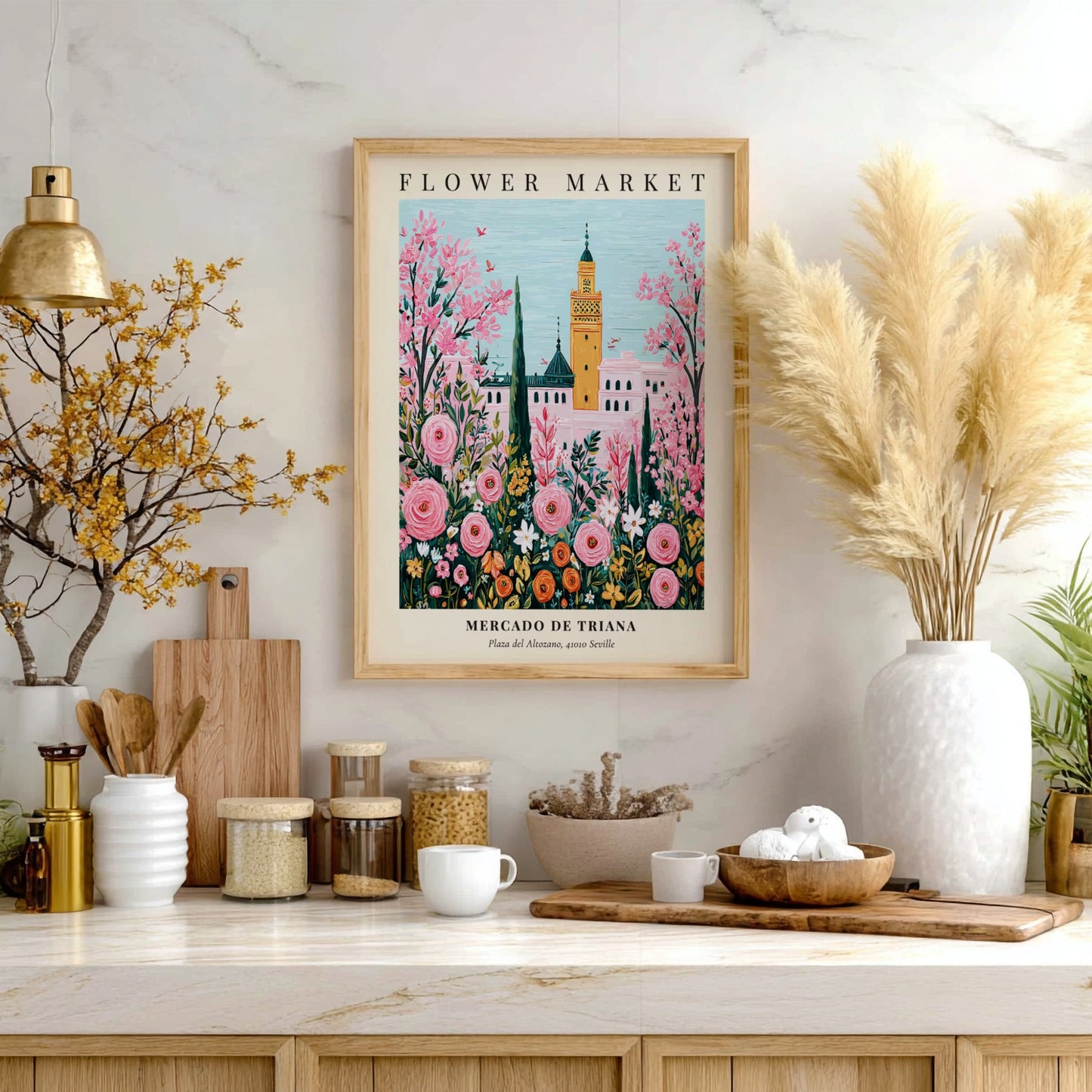 Floral wall decor featuring pink flowers and Mediterranean architecture in vibrant colors