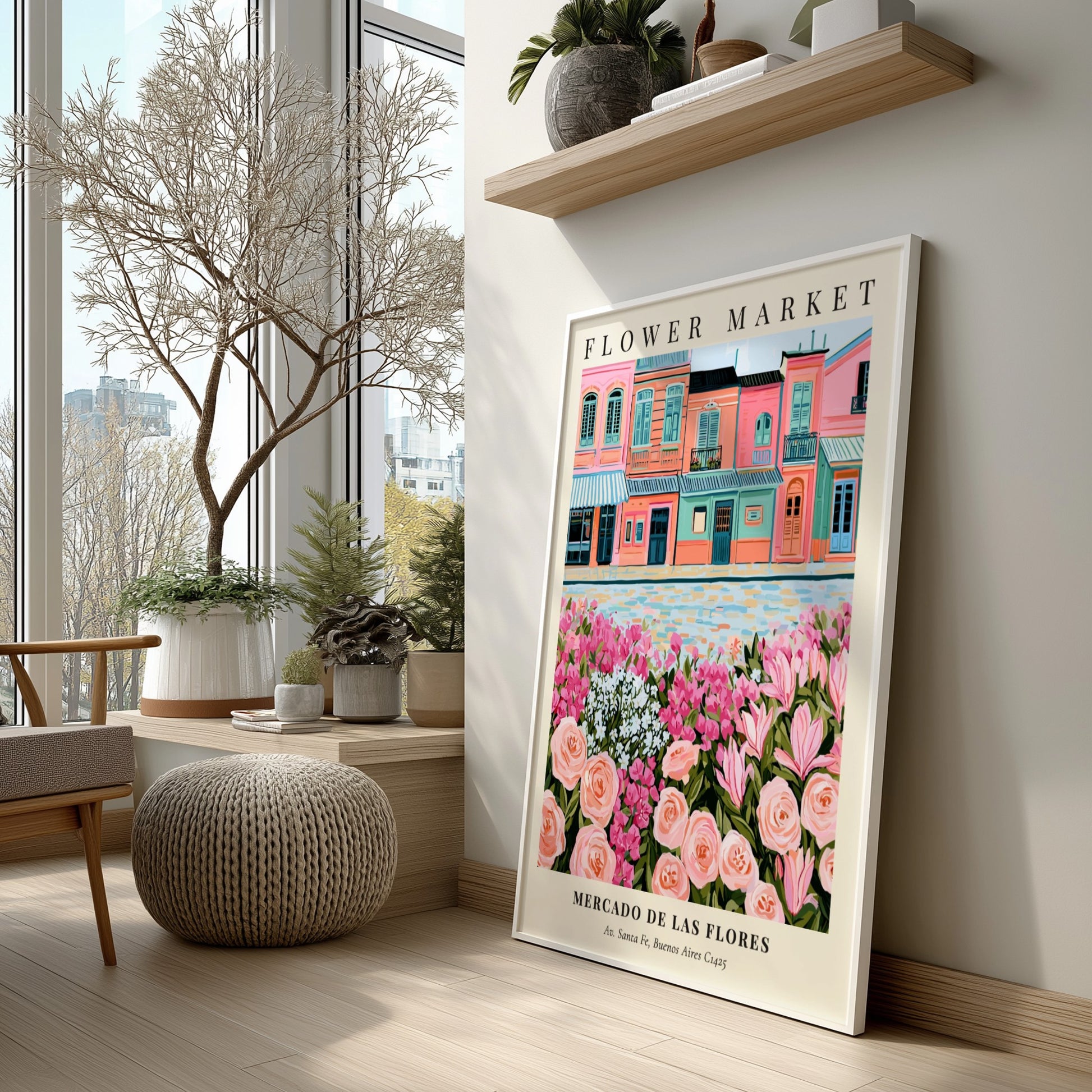 Flower market art print featuring pastel buildings and colorful flowers in a vibrant style