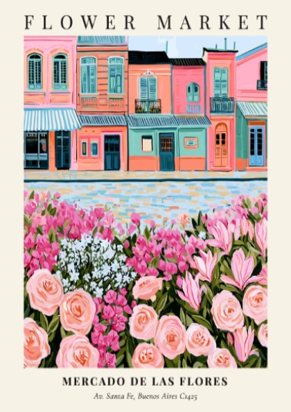Flower market art print featuring pastel buildings and colorful flowers in a vibrant style