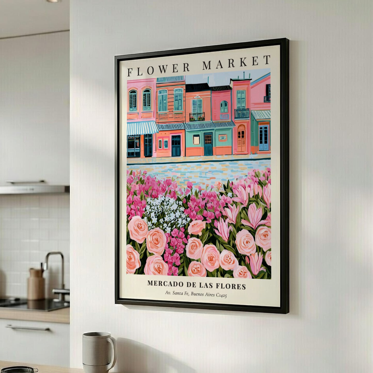 Flower market art print featuring pastel buildings and colorful flowers in a vibrant style