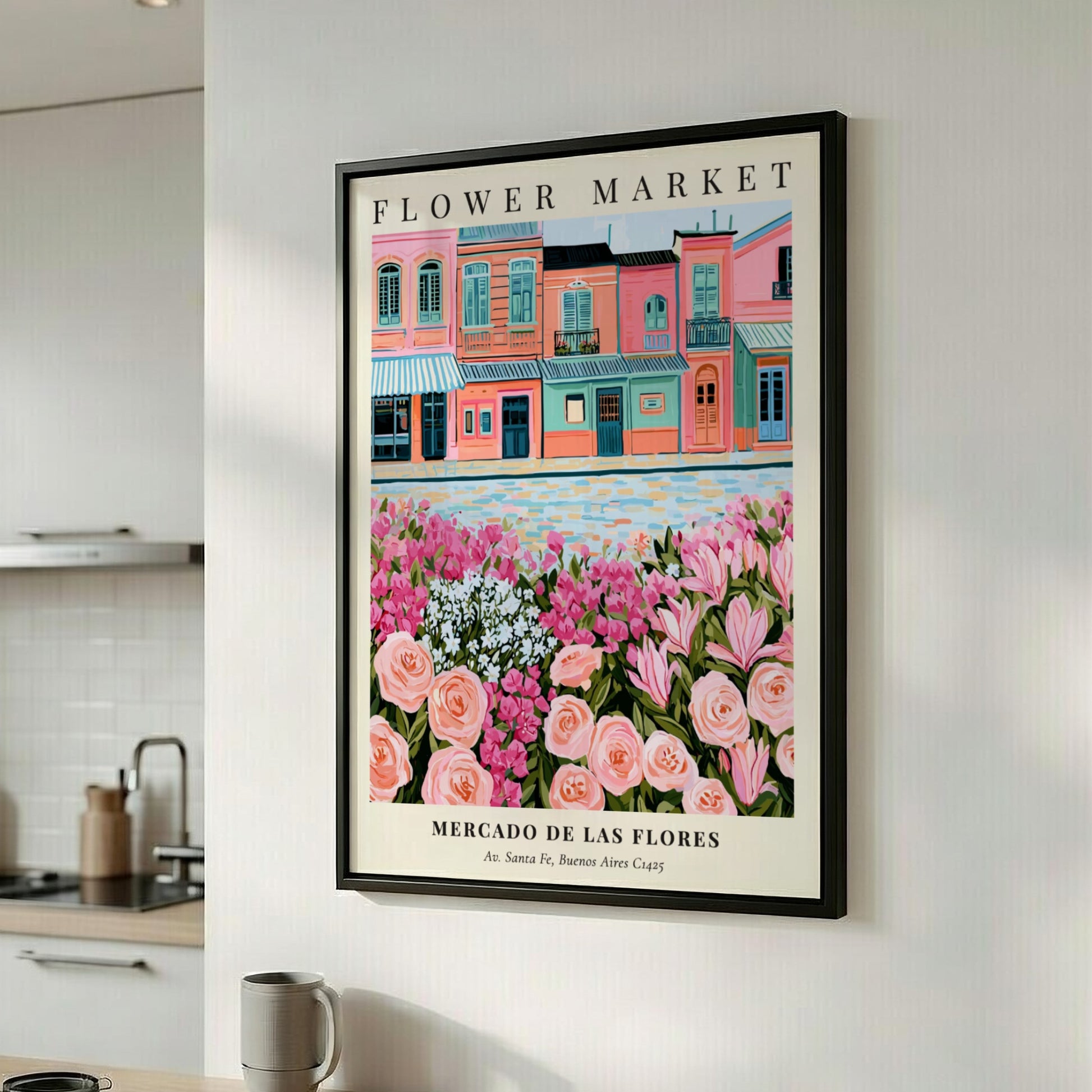 Flower market art print featuring pastel buildings and colorful flowers in a vibrant style