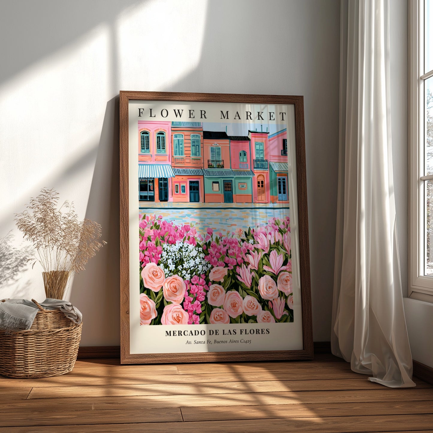 Flower market art print featuring pastel buildings and colorful flowers in a vibrant style
