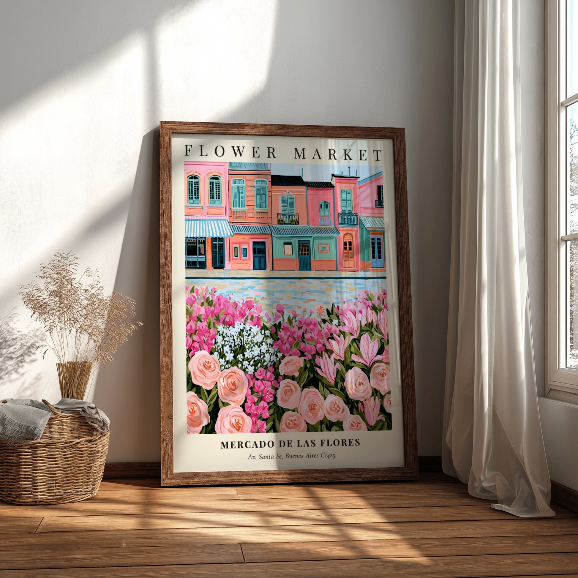 Flower market art print featuring pastel buildings and colorful flowers in a vibrant style