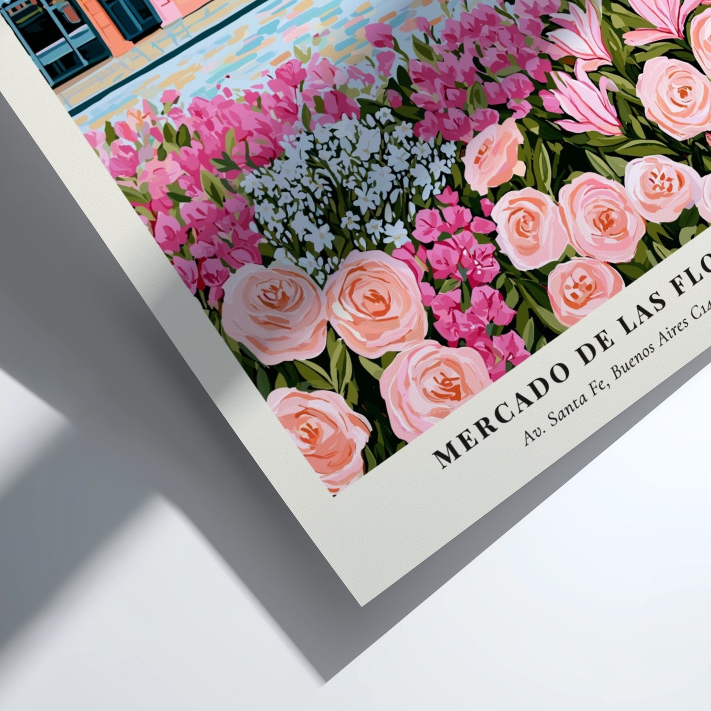 Flower market art print featuring pastel buildings and colorful flowers in a vibrant style