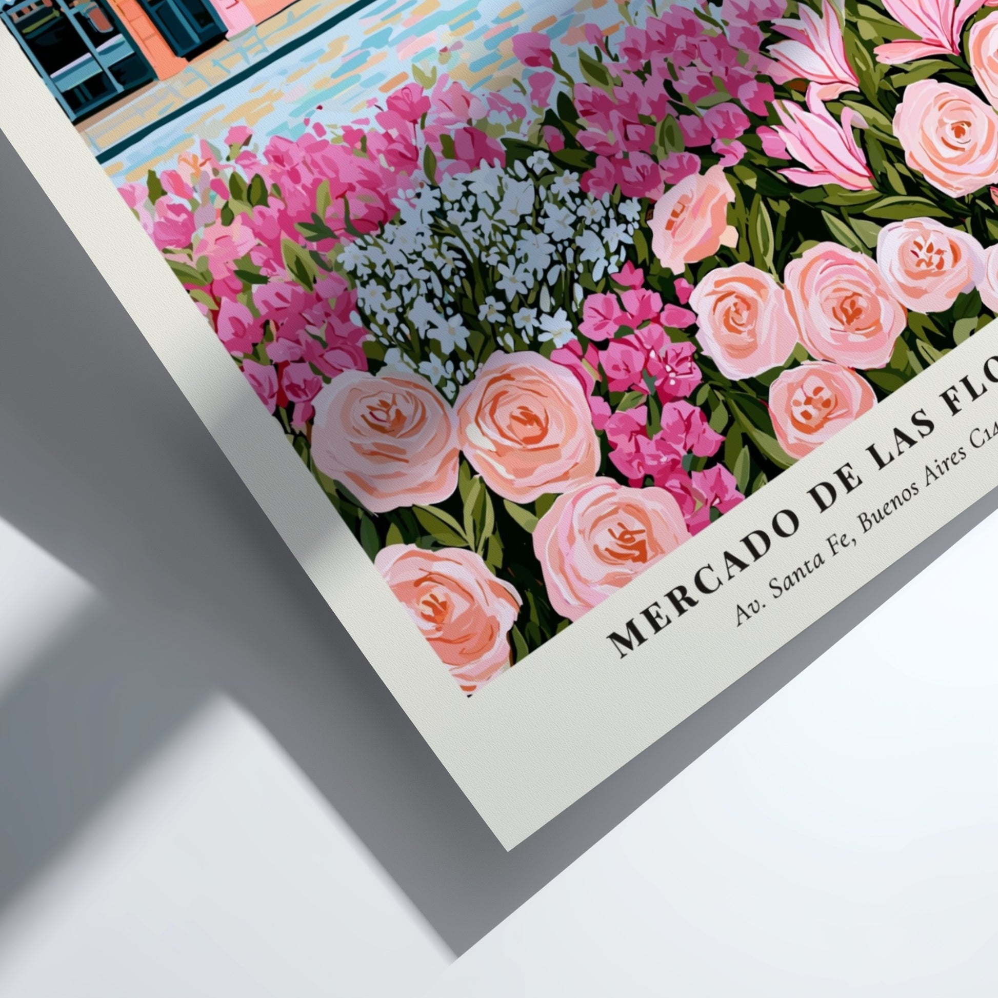 Flower market art print featuring pastel buildings and colorful flowers in a vibrant style