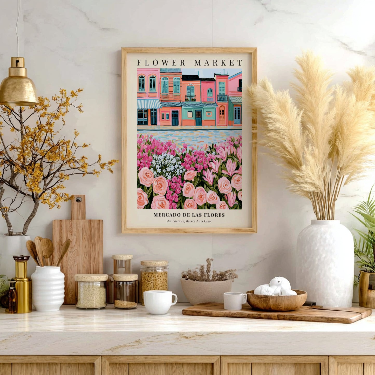 Flower market art print featuring pastel buildings and colorful flowers in a vibrant style