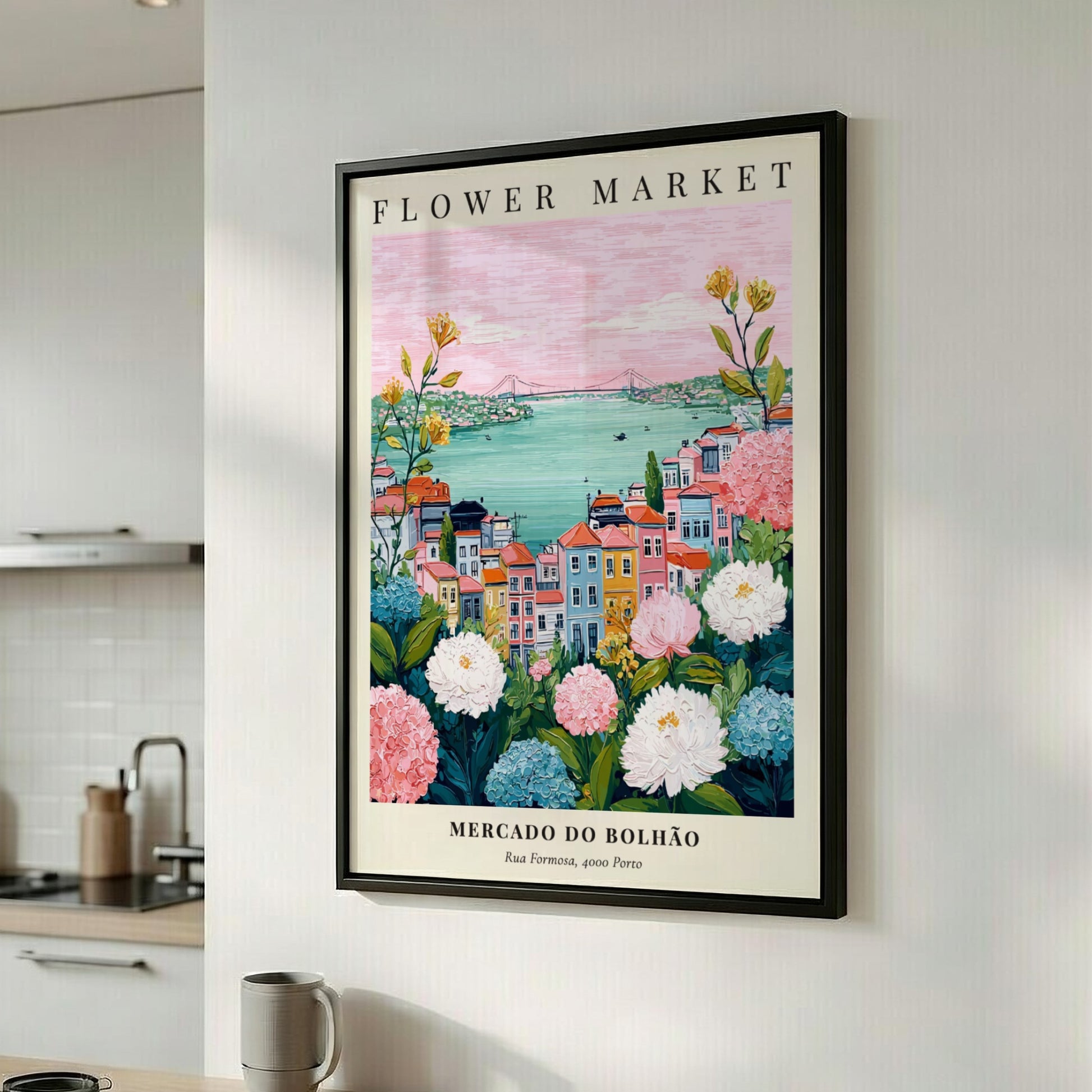 Floral art print featuring Mercado do Bolhão with colorful buildings and flowers in soft pastel colors