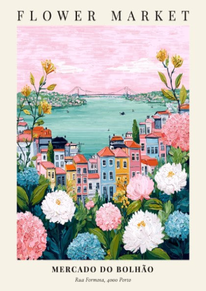 Floral art print featuring Mercado do Bolhão with colorful buildings and flowers in soft pastel colors