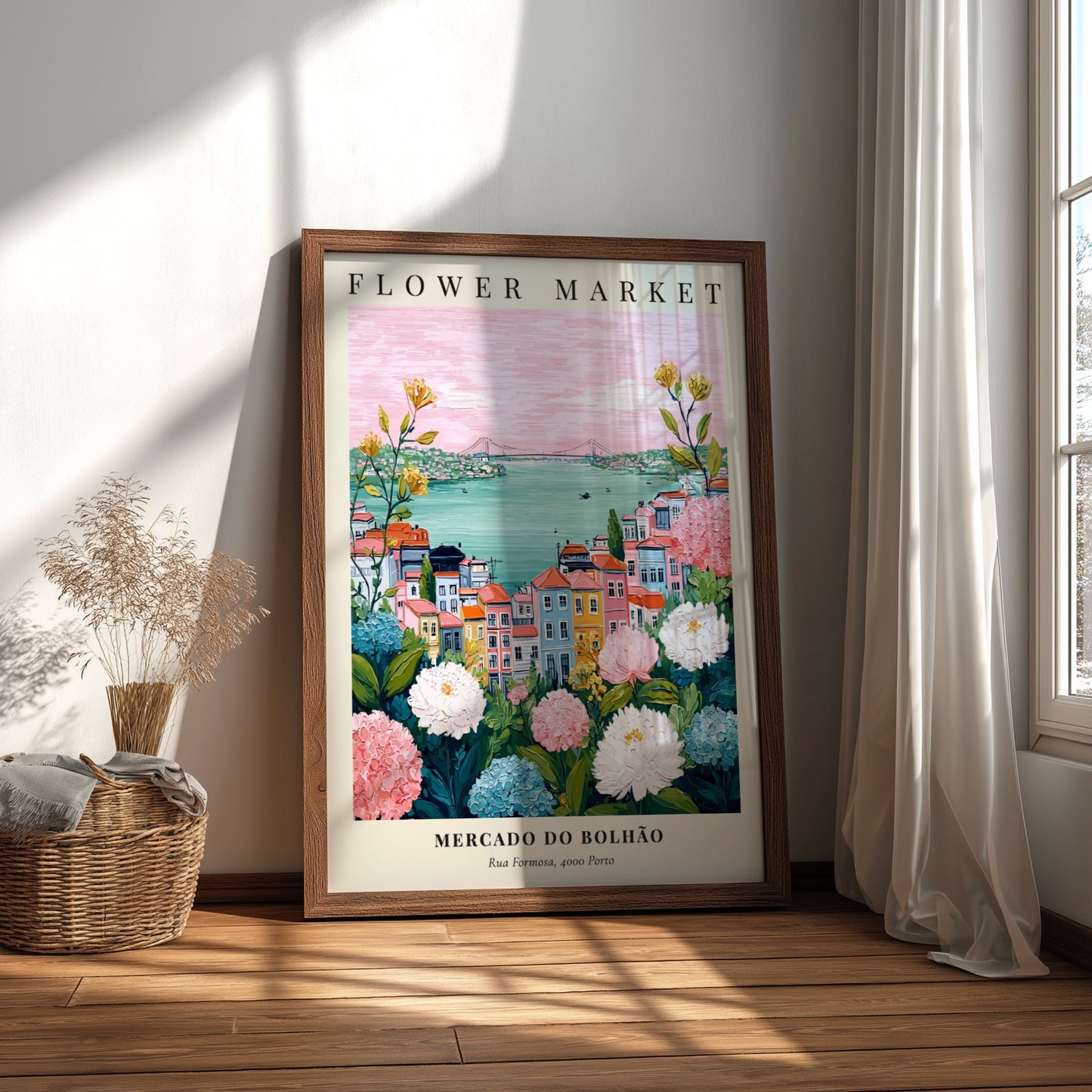 Floral art print featuring Mercado do Bolhão with colorful buildings and flowers in soft pastel colors