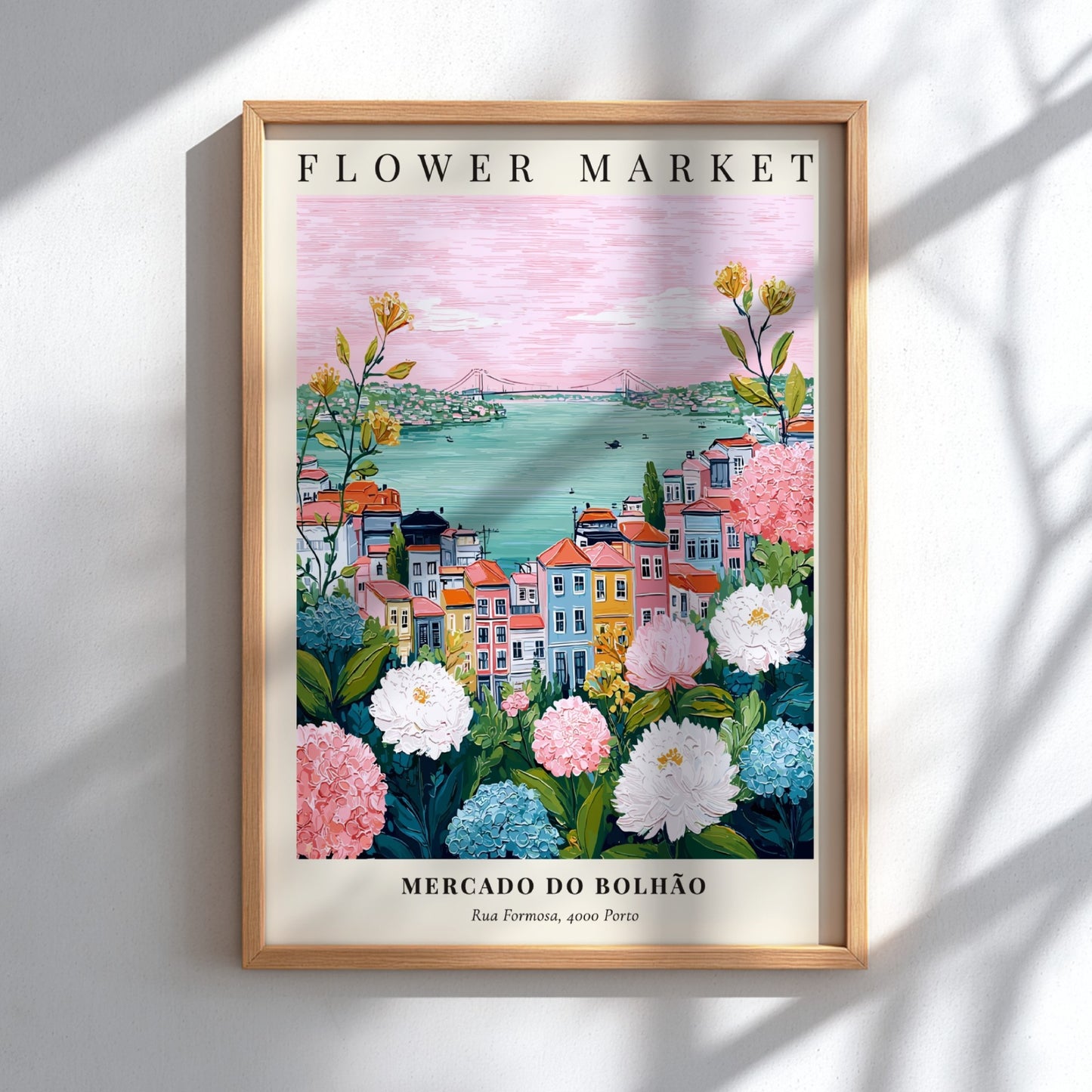 Floral art print featuring Mercado do Bolhão with colorful buildings and flowers in soft pastel colors