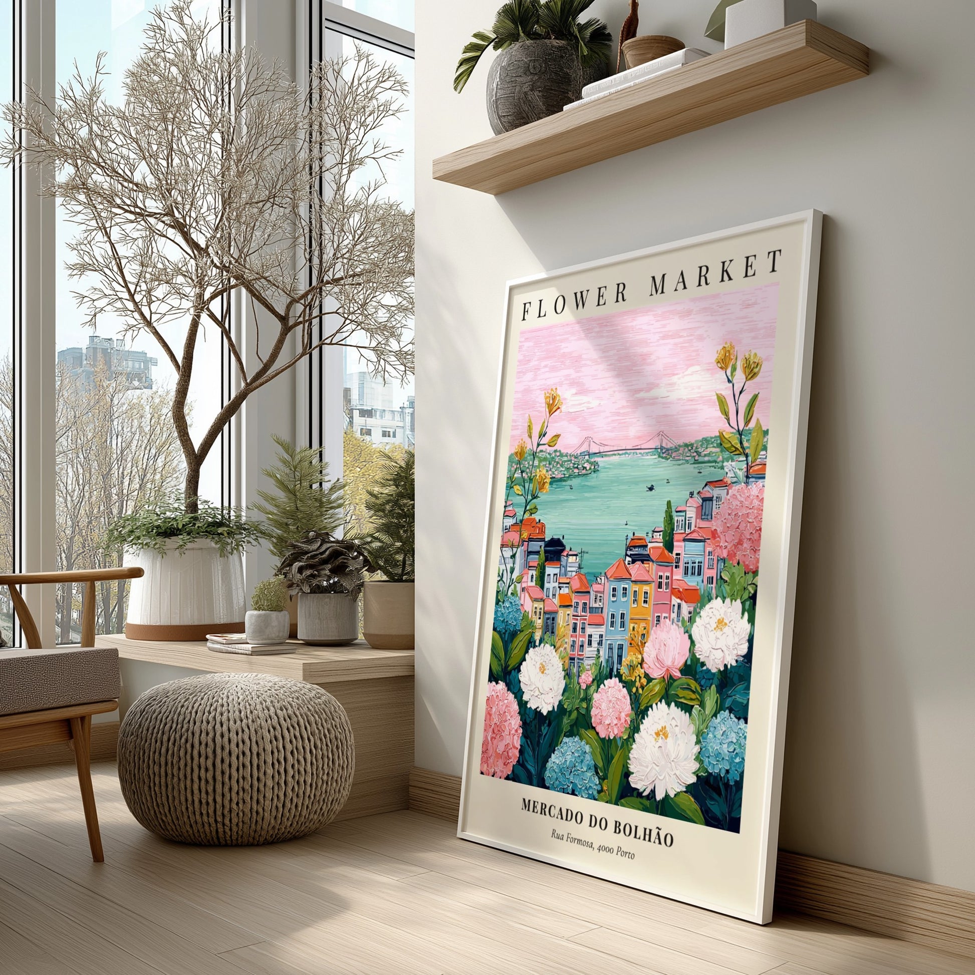Floral art print featuring Mercado do Bolhão with colorful buildings and flowers in soft pastel colors