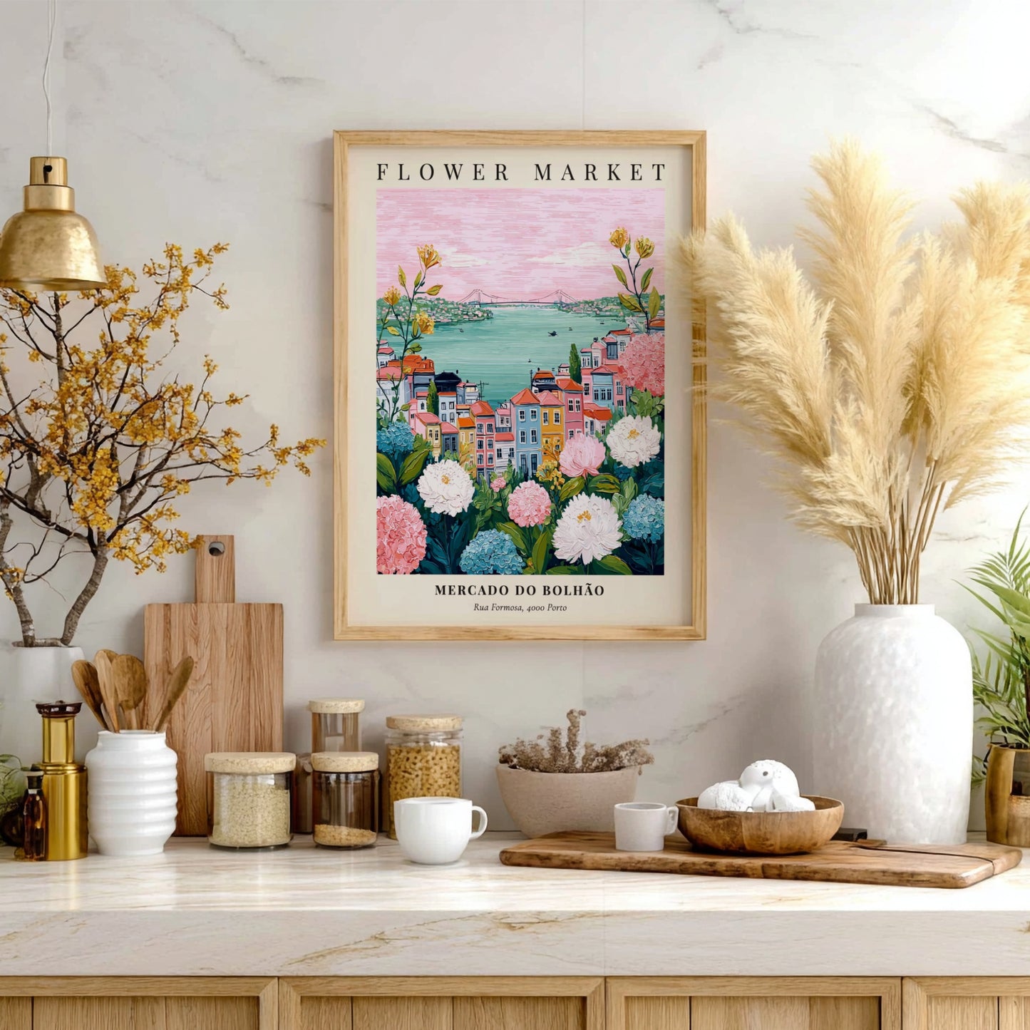 Floral art print featuring Mercado do Bolhão with colorful buildings and flowers in soft pastel colors