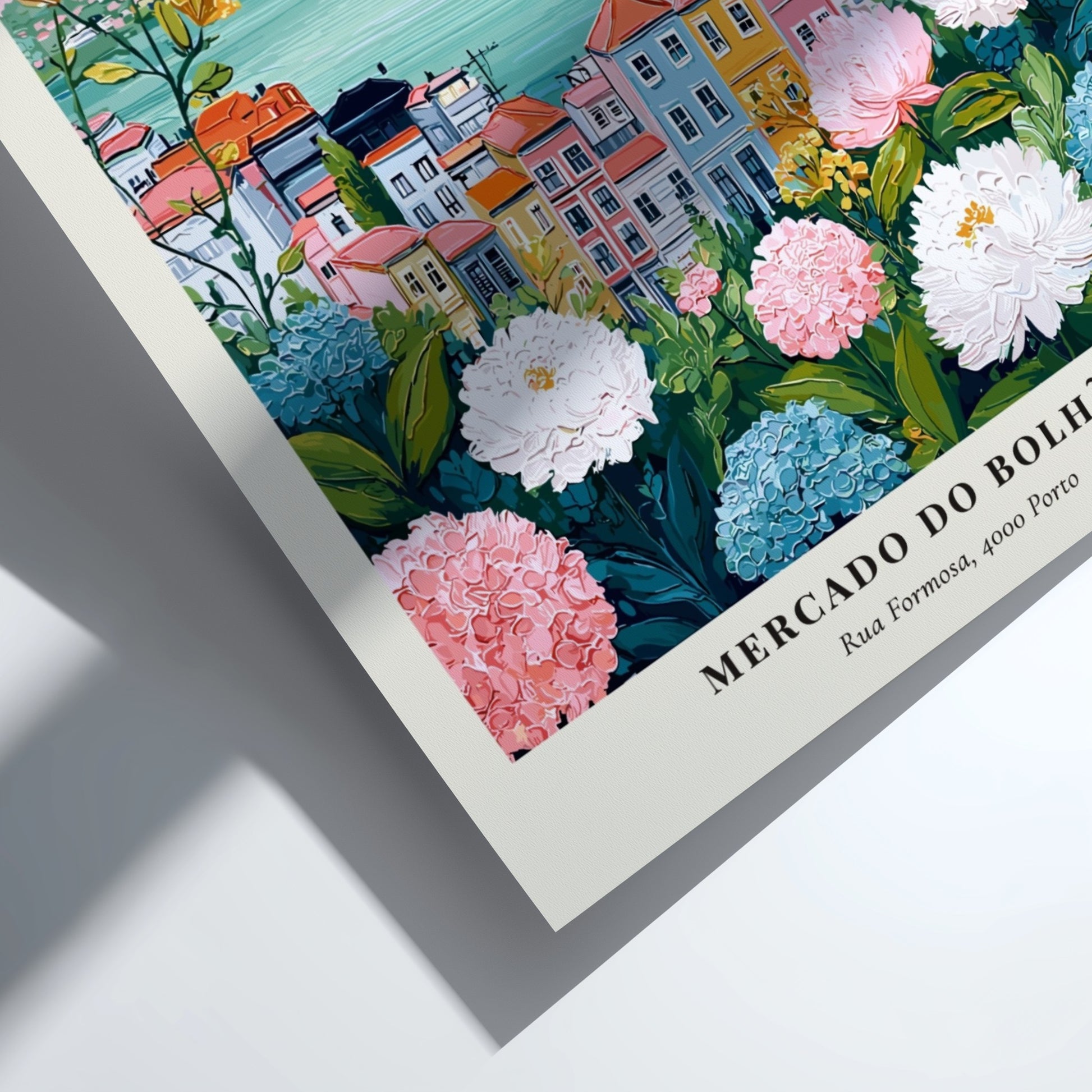 Floral art print featuring Mercado do Bolhão with colorful buildings and flowers in soft pastel colors