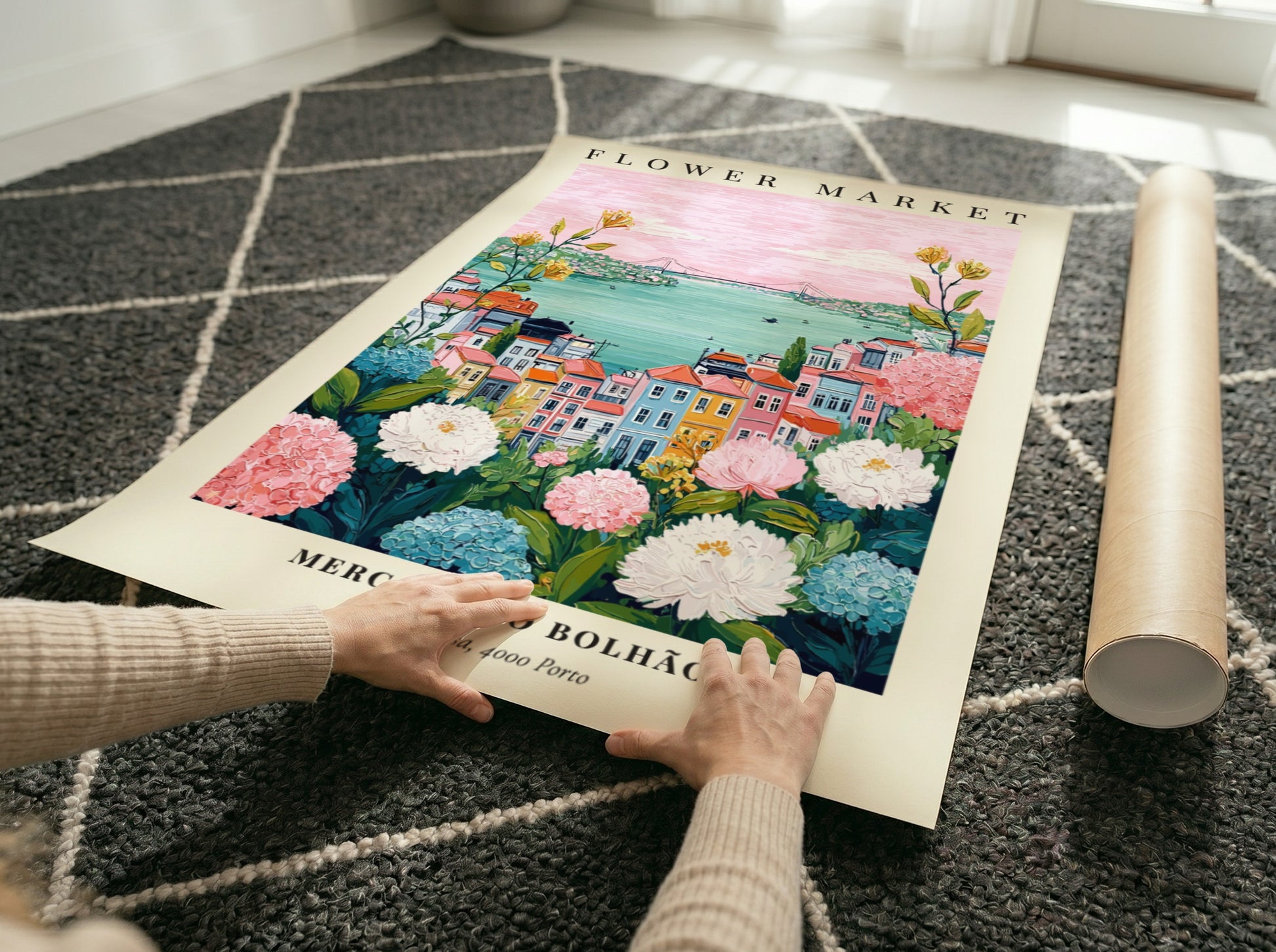 Floral art print featuring Mercado do Bolhão with colorful buildings and flowers in soft pastel colors