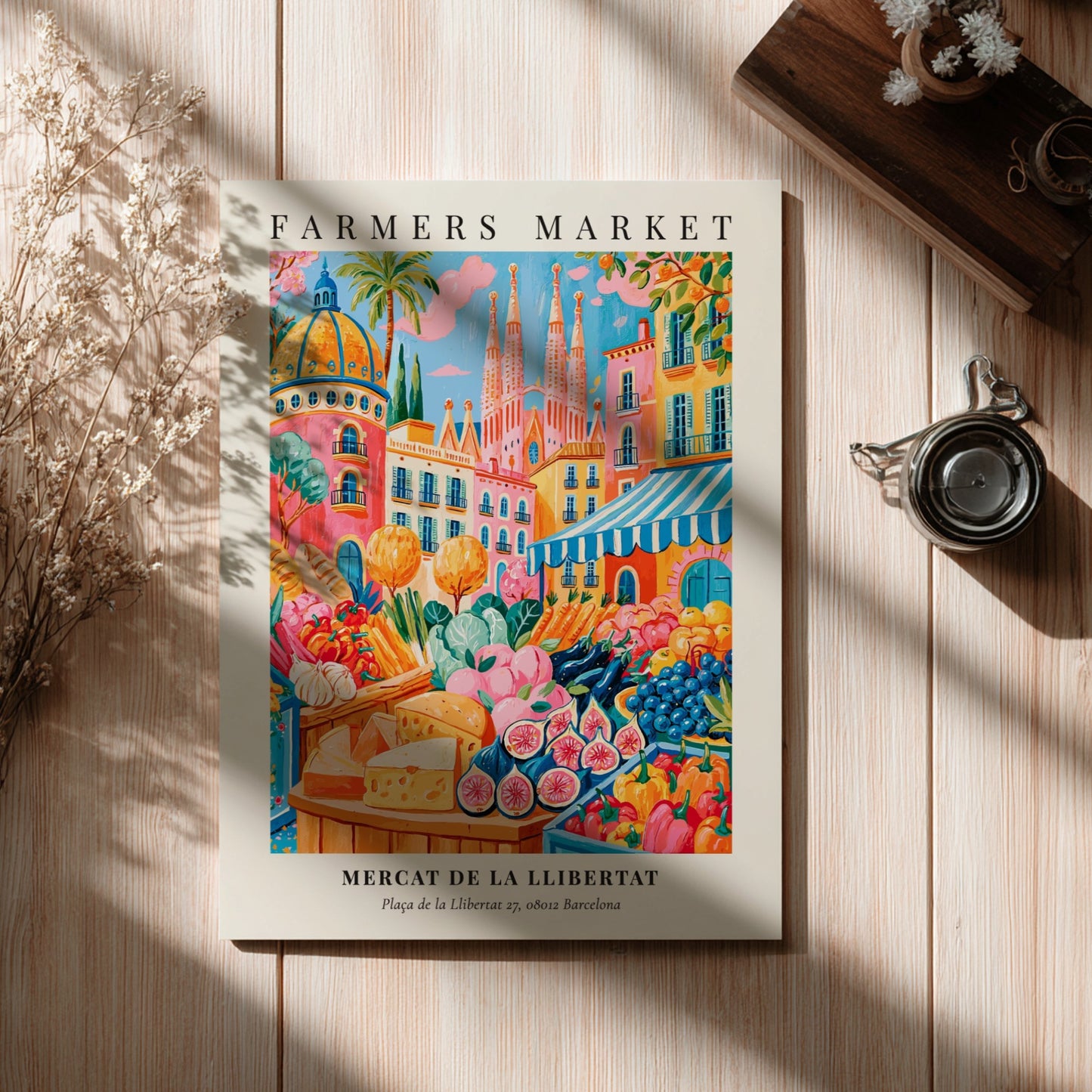 Farmers market poster featuring colorful produce and flowers in Barcelona style