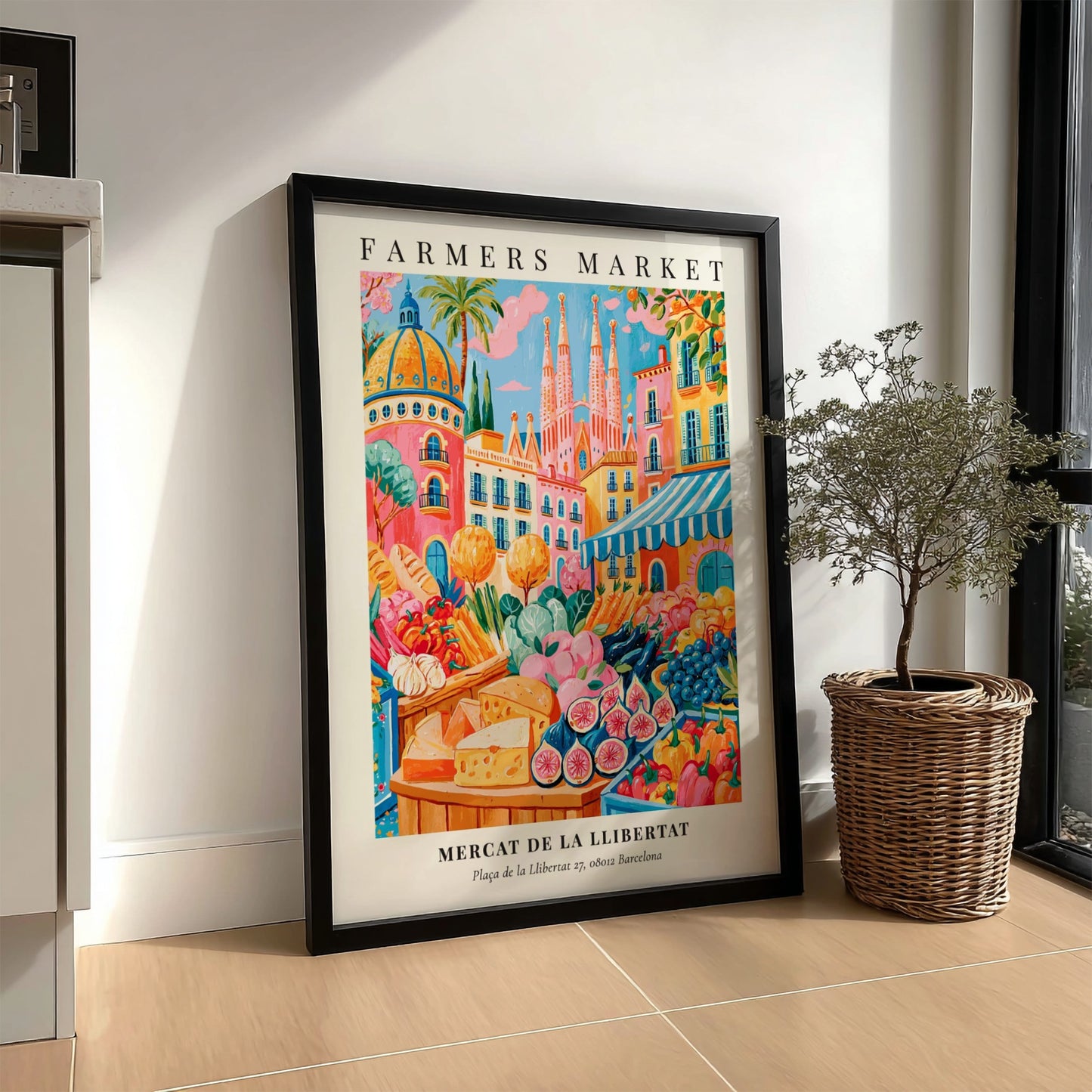 Farmers market poster featuring colorful produce and flowers in Barcelona style
